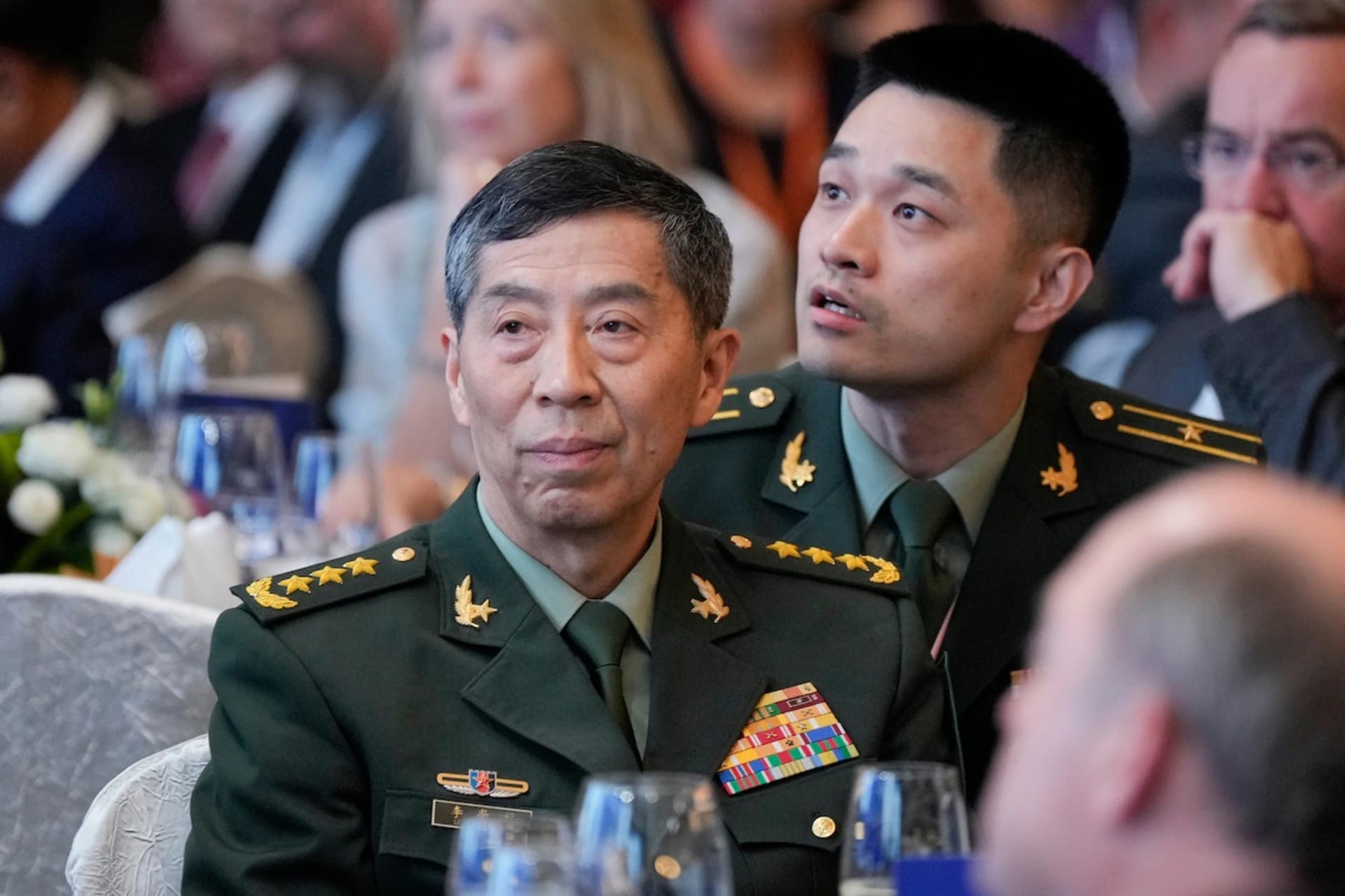 <p>Chinese Defense Minister Li Shangfu, left, at the 20th International Institute for Strategic Studies (IISS) Shangri-La Dialogue in Singapore on Friday. </p>
