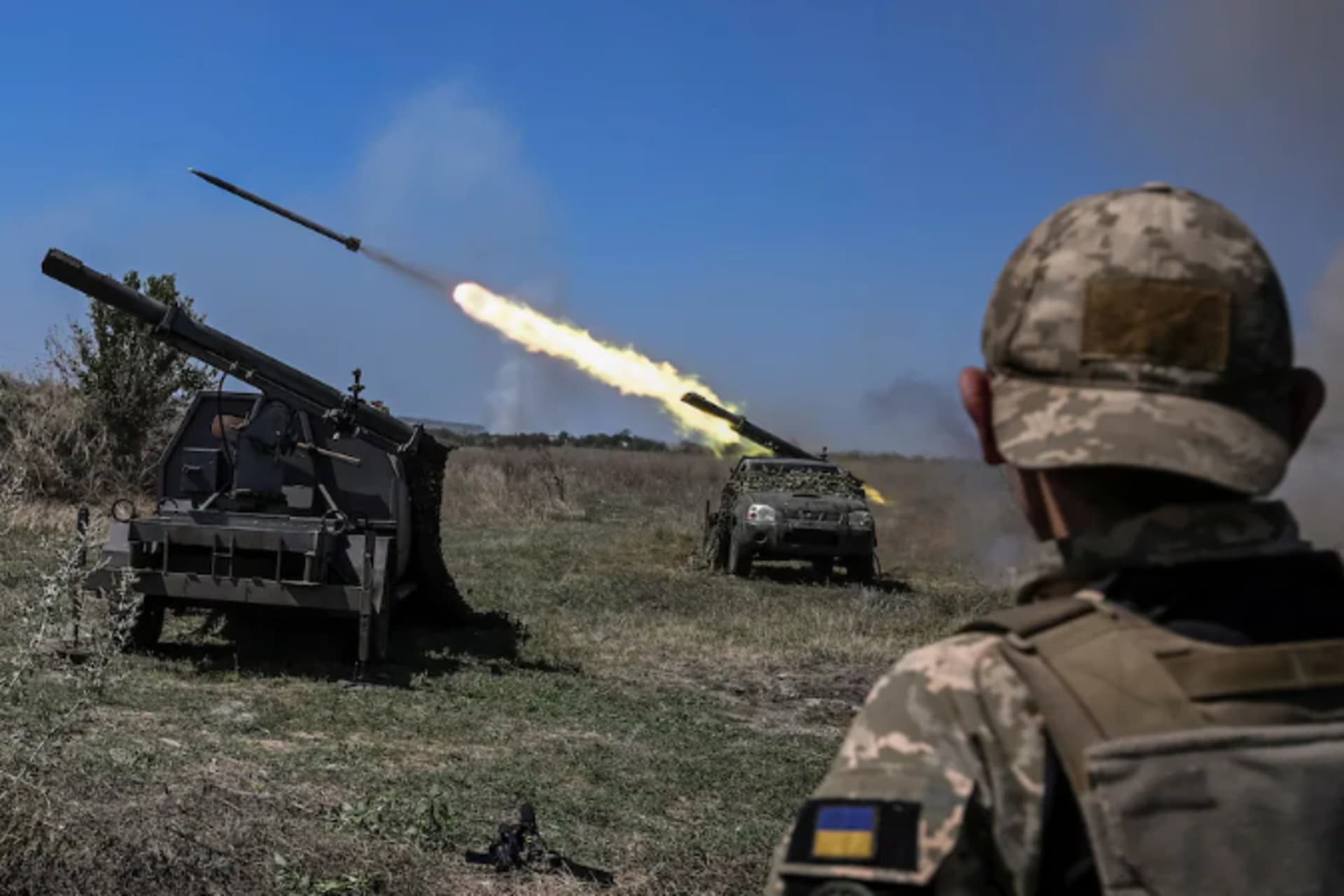 <p>Members of Ukraine’s 108th Separate Brigade fire small rockets toward Russian troops on Aug. 19.</p>
