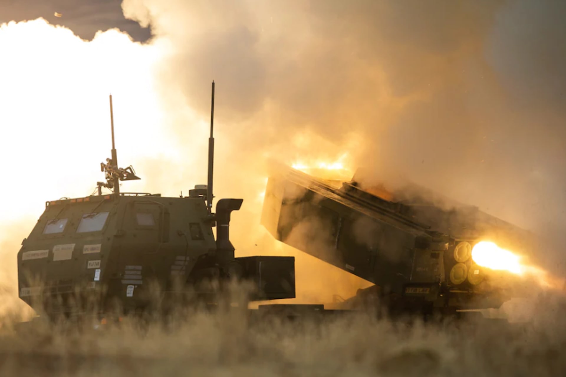 <p>A High Mobility Artillery Rocket System (HIMARS) fires a rocket during a training exercise at the Yakima Training Center outside Yakima, Wash., on Nov. 4.</p>
