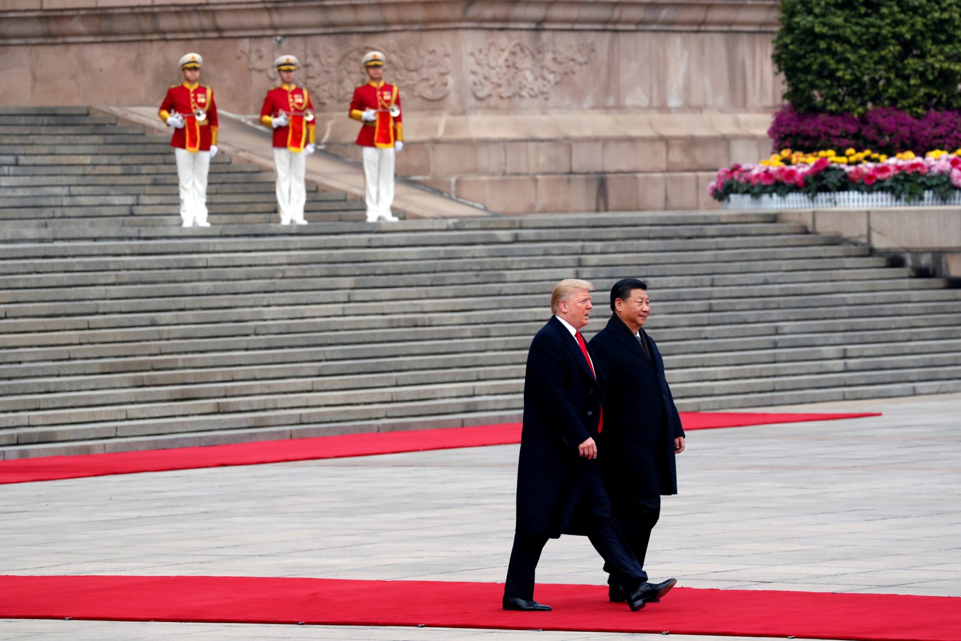 <p>U.S. President Donald Trump and Chinese President Xi Jinping at a welcoming ceremony in Beijing, China, November 9, 2017. </p>
