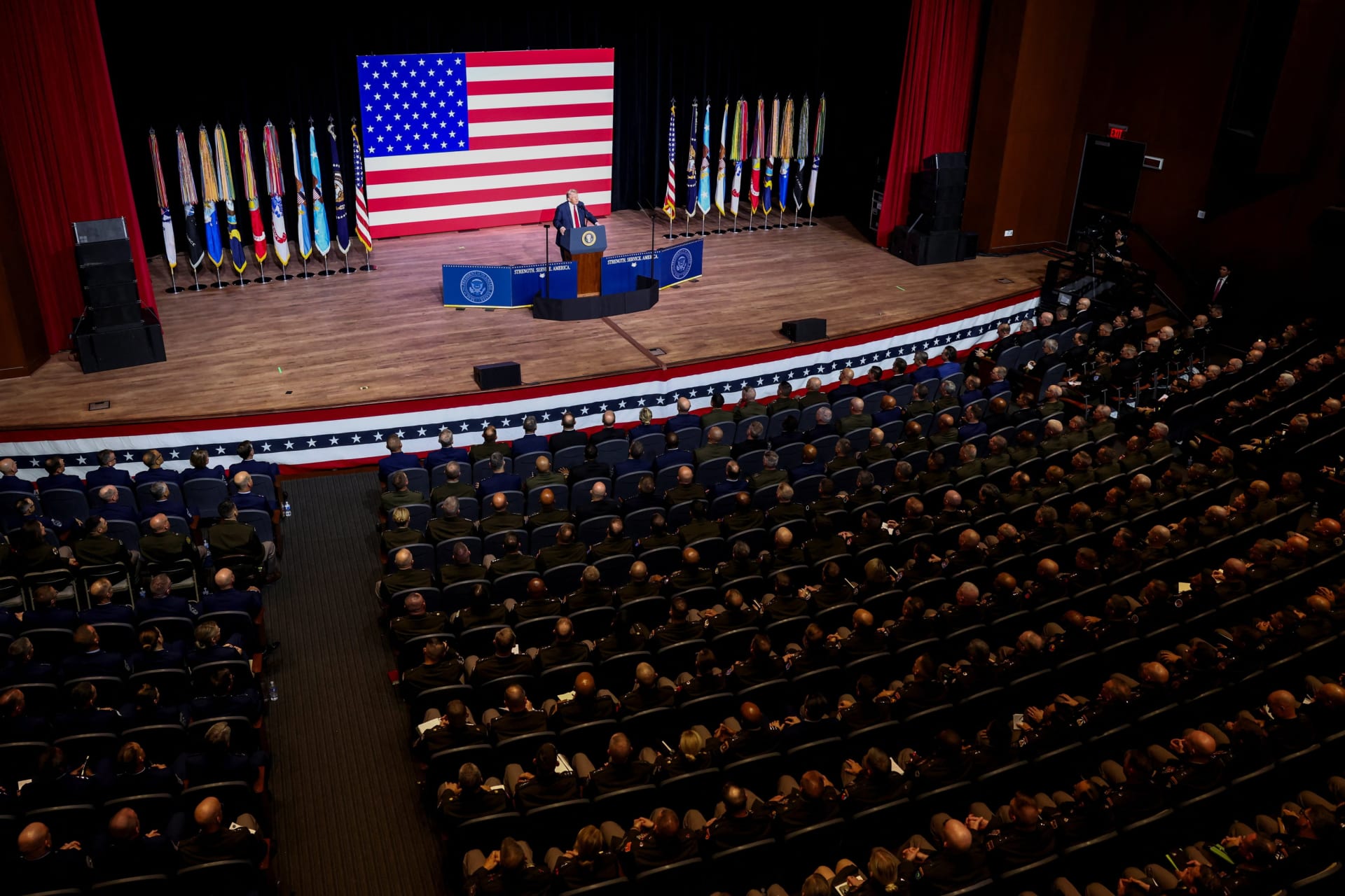 <p>United States President Donald Trump speaks during a meeting of senior military leaders convened by U.S. Defense Secretary Pete Hegseth at Marine Corps Base Quantico in Quantico, Virginia on September 30, 2025.</p>