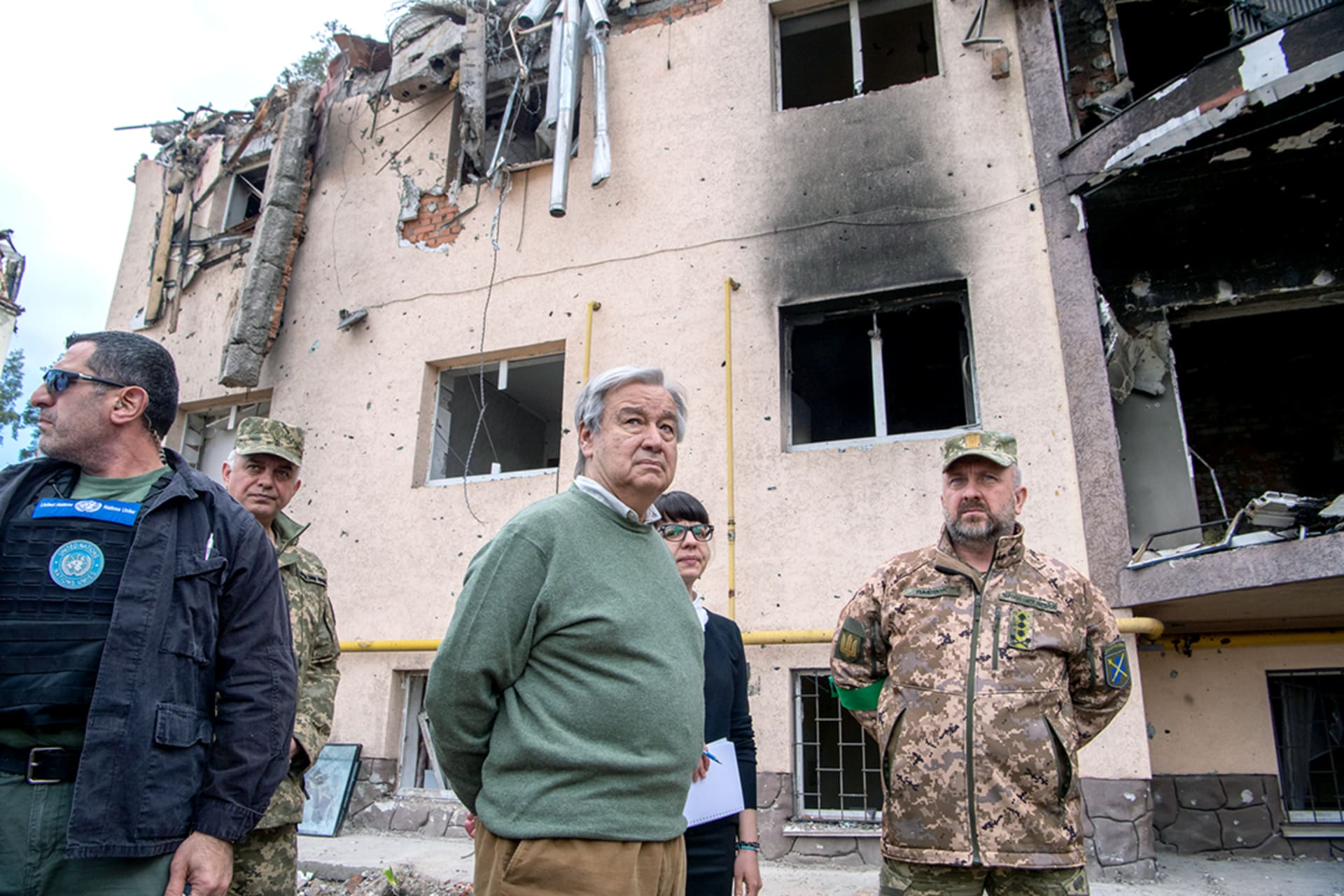 UN Secretary-General António Guterres visits the city of Irpin, Ukraine, in the early months of Russia’s invasion, April 28, 2022. Eskinder Debebe/UN Photo