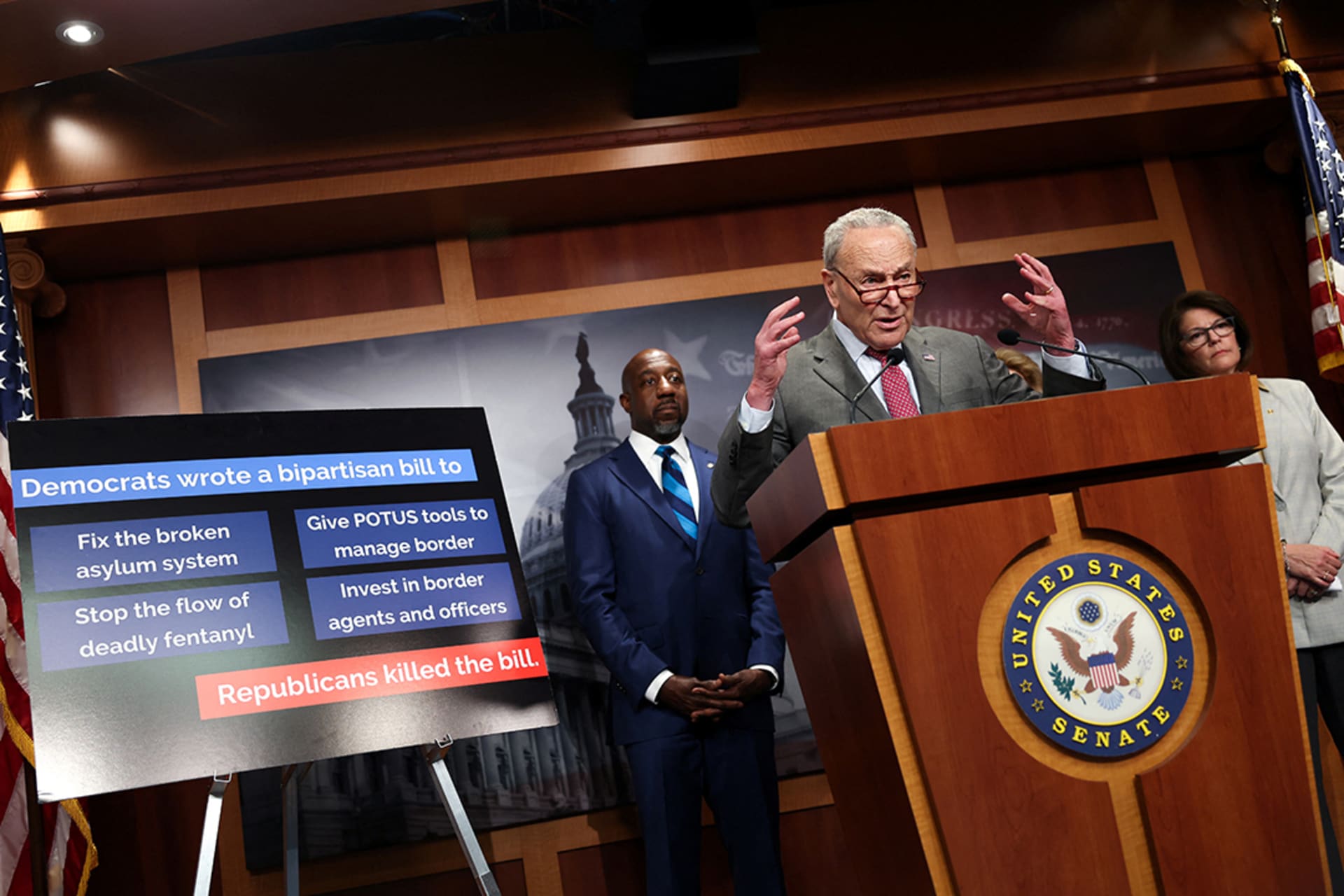 Senate Majority Leader Chuck Schumer (D-NY) speaks during a press conference about the Chamber’s failure to pass the Border Act of 2024. Amanda Andrade-Rhoades/Reuters