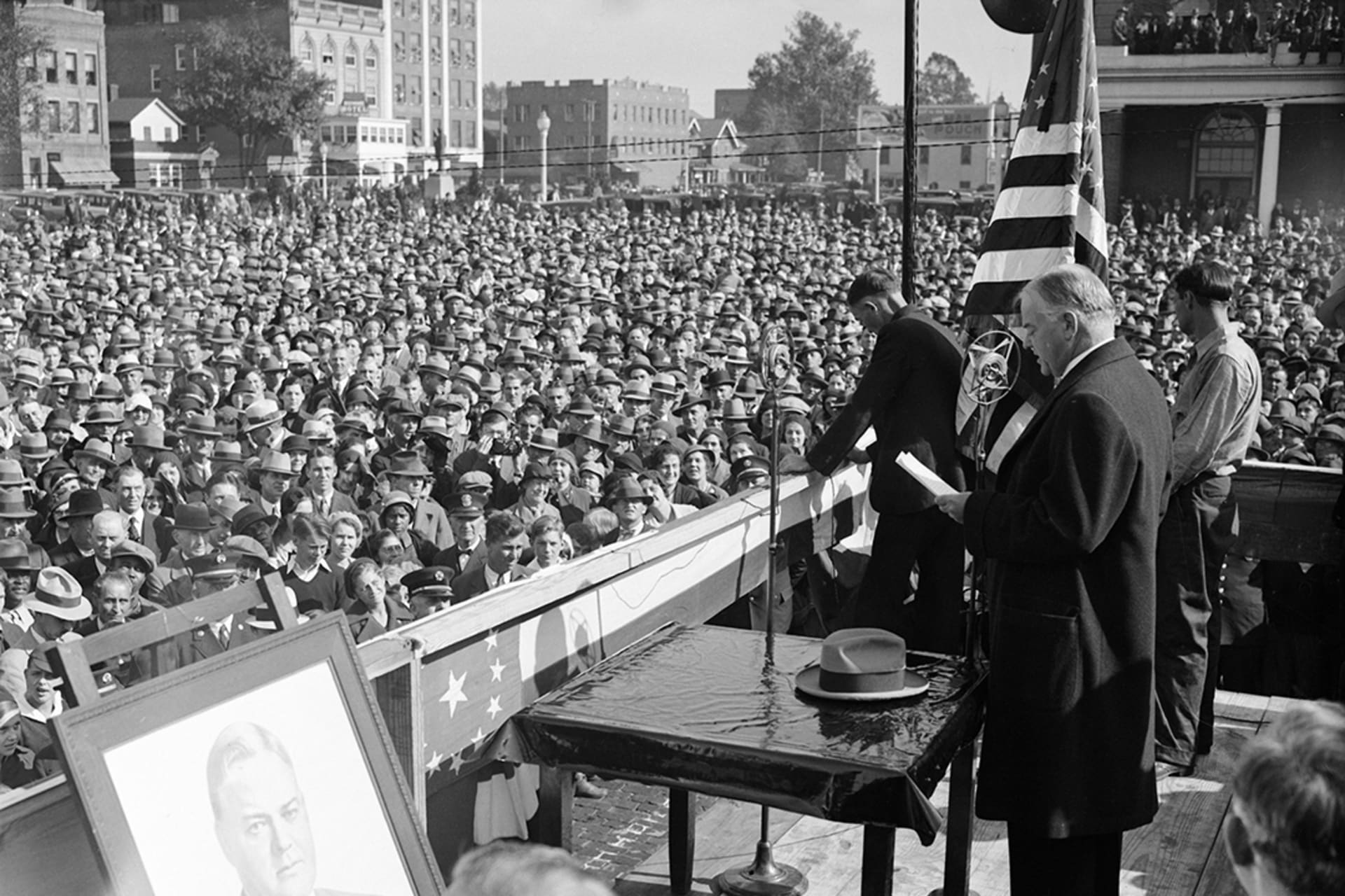 President Hoover talks about tariffs during a reelection campaign stop in Huntington, West Virginia, on October 22, 1932. Bettmann/Getty Images