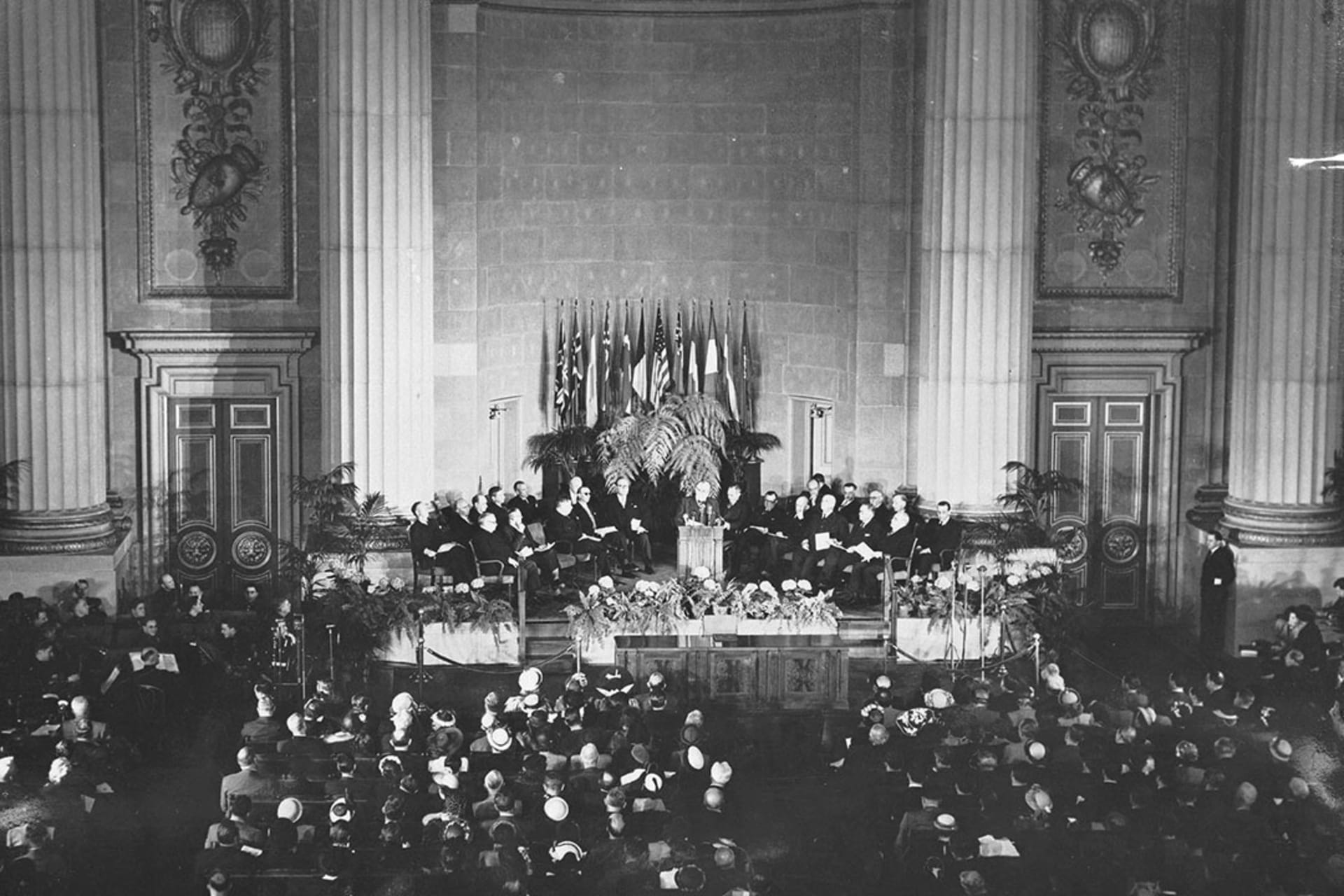 Joseph Bech, foreign minister of Luxembourg, gives a speech during the signing of the North Atlantic Treaty in Washington. NATO