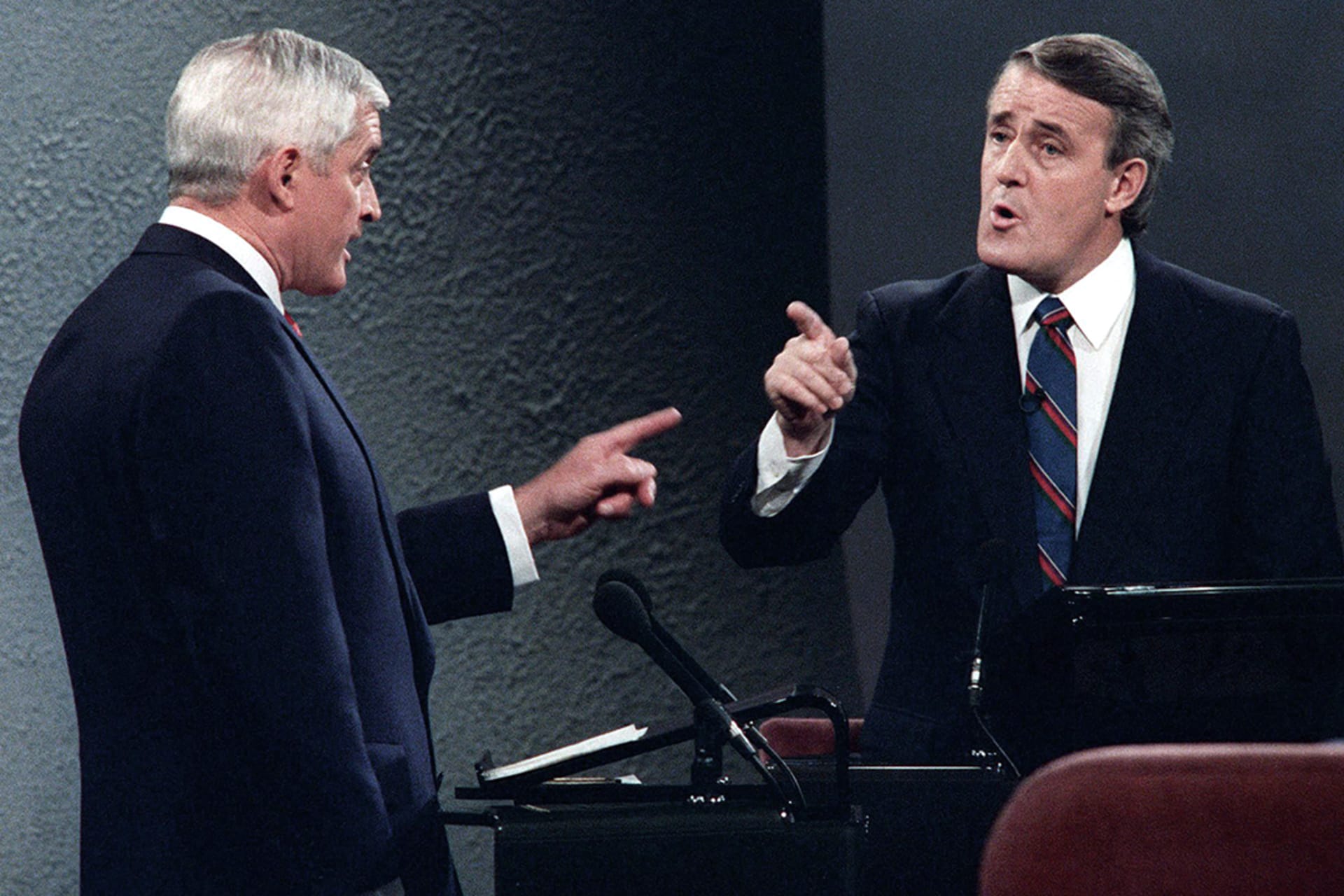John Turner and Brian Mulroney debate during the 1988 federal election campaign. Fred Chartrand/Canadian Press/AP Photo