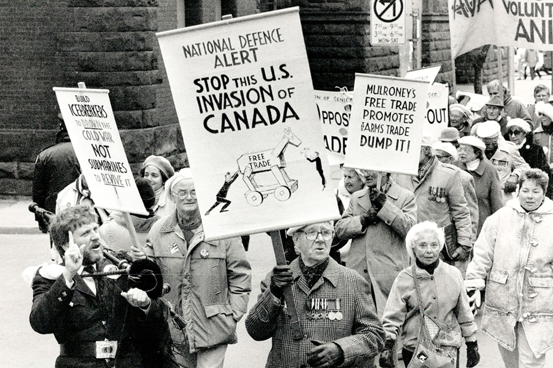 Environmentalists, free trade protesters, and peace groups demonstrate against the U.S.-Canada free trade agreement in Toronto, Canada. Ron Bull/Toronto Star/Getty Images