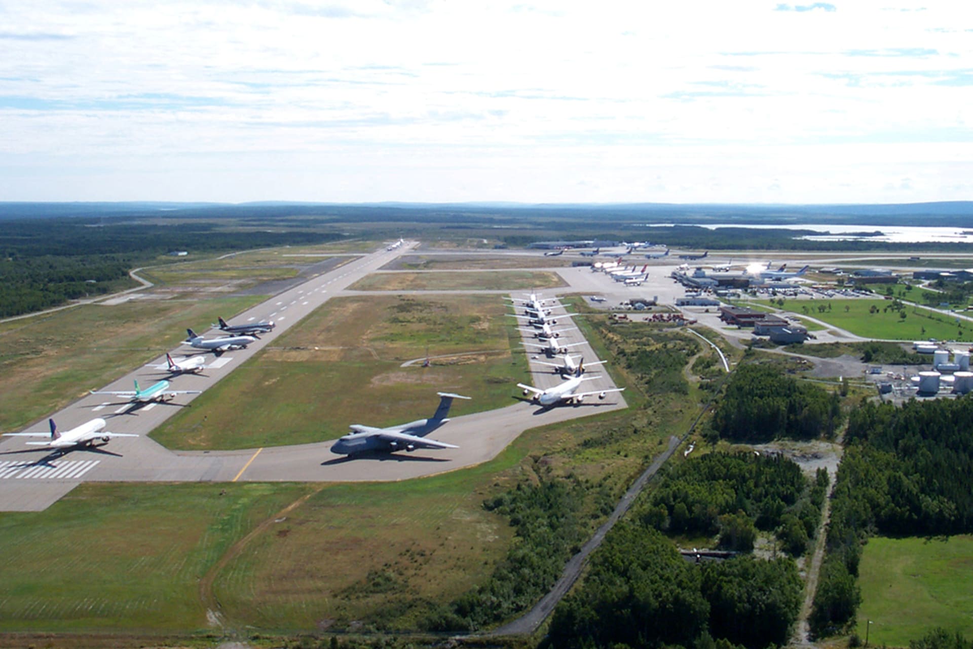 Aircraft crowd the runway at Gander International Airport after being diverted from the United States following the 9/11 attacks. Canadian Forces/CFB 9 Wing Gander/Reuters
