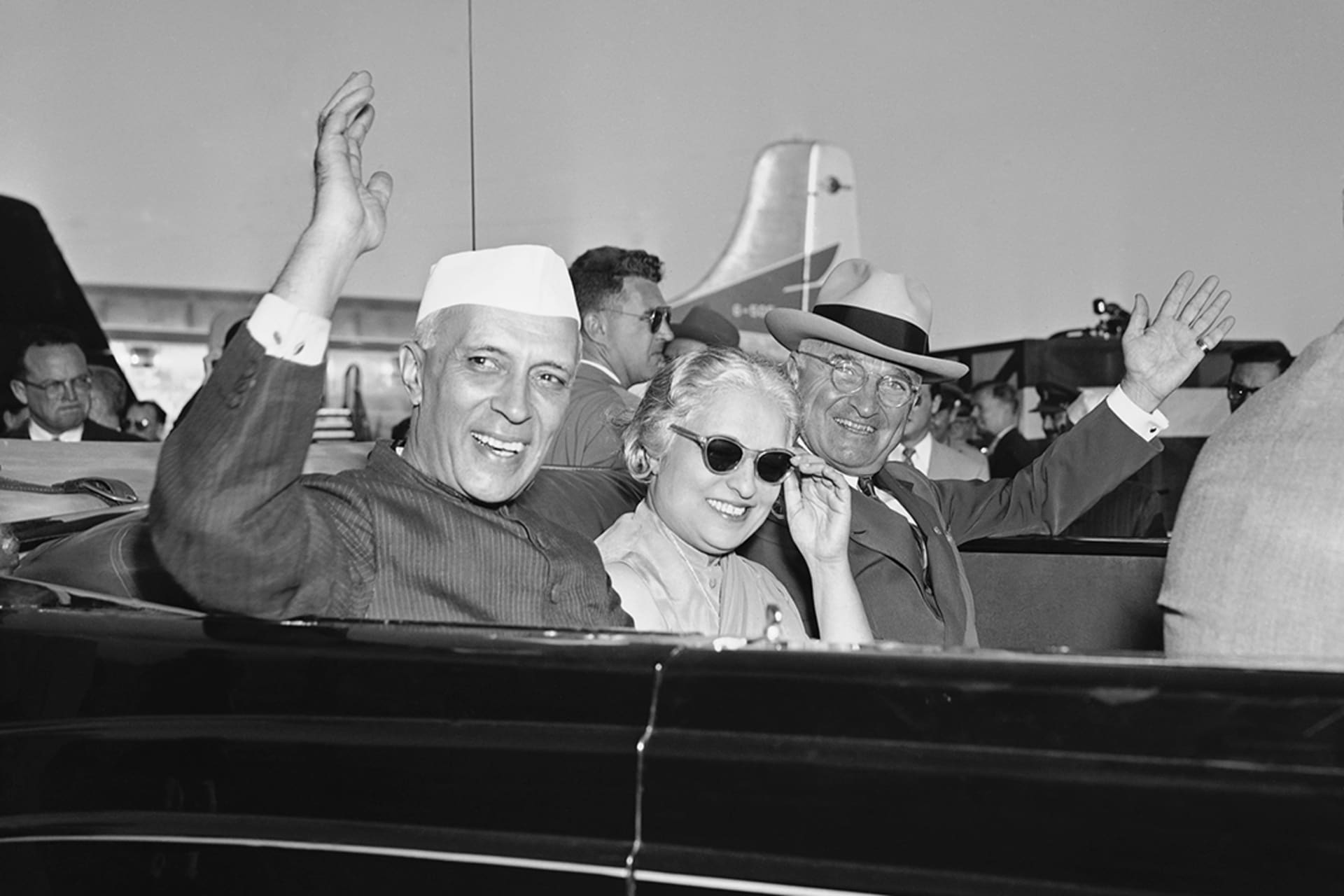 Indian prime minister Jawaharlal Nehru and U.S. president Harry Truman wave at the Washington, DC airport. AP Photo