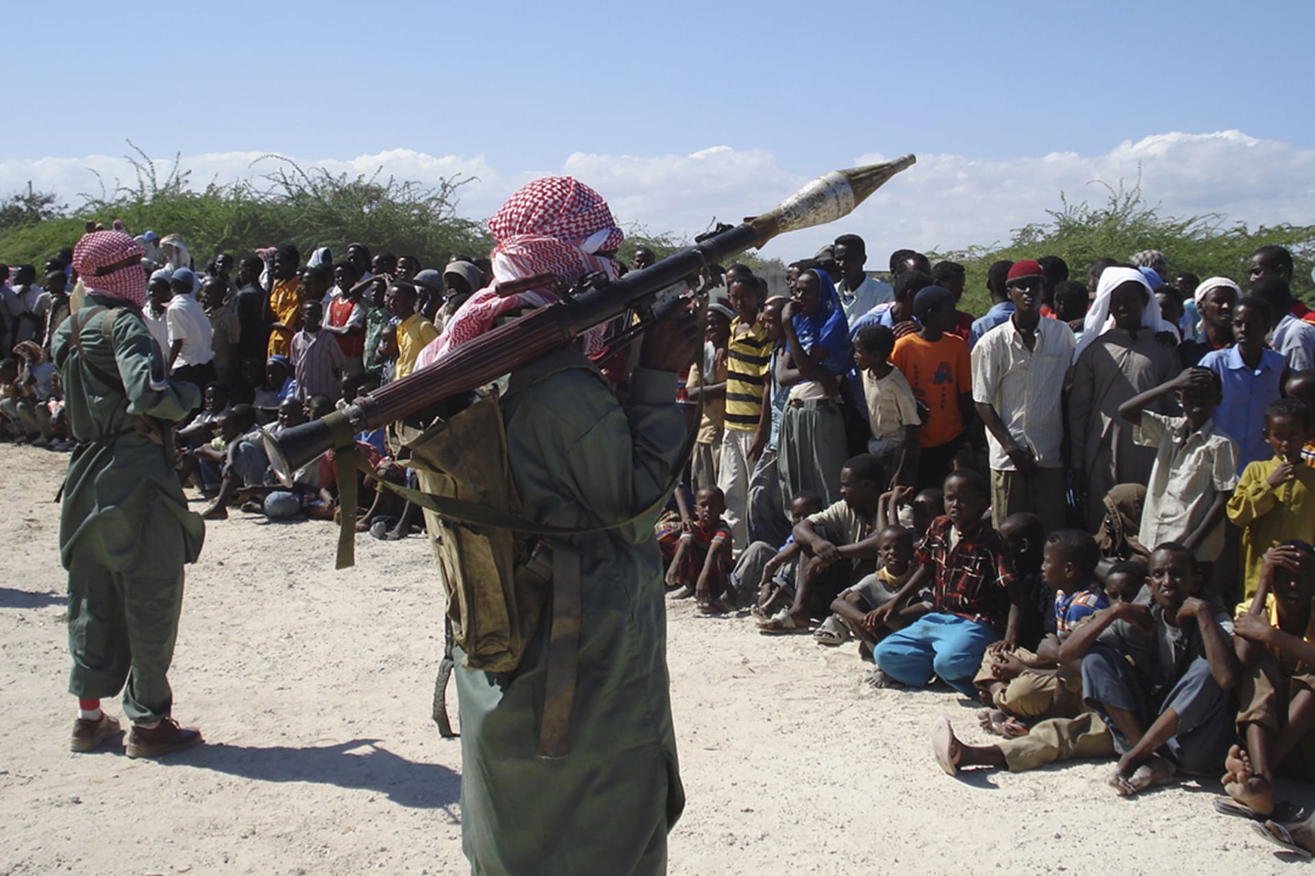Al-Shabaab militants display weapons on the outskirts of Mogadishu. Mowlid Abdi/Reuters
