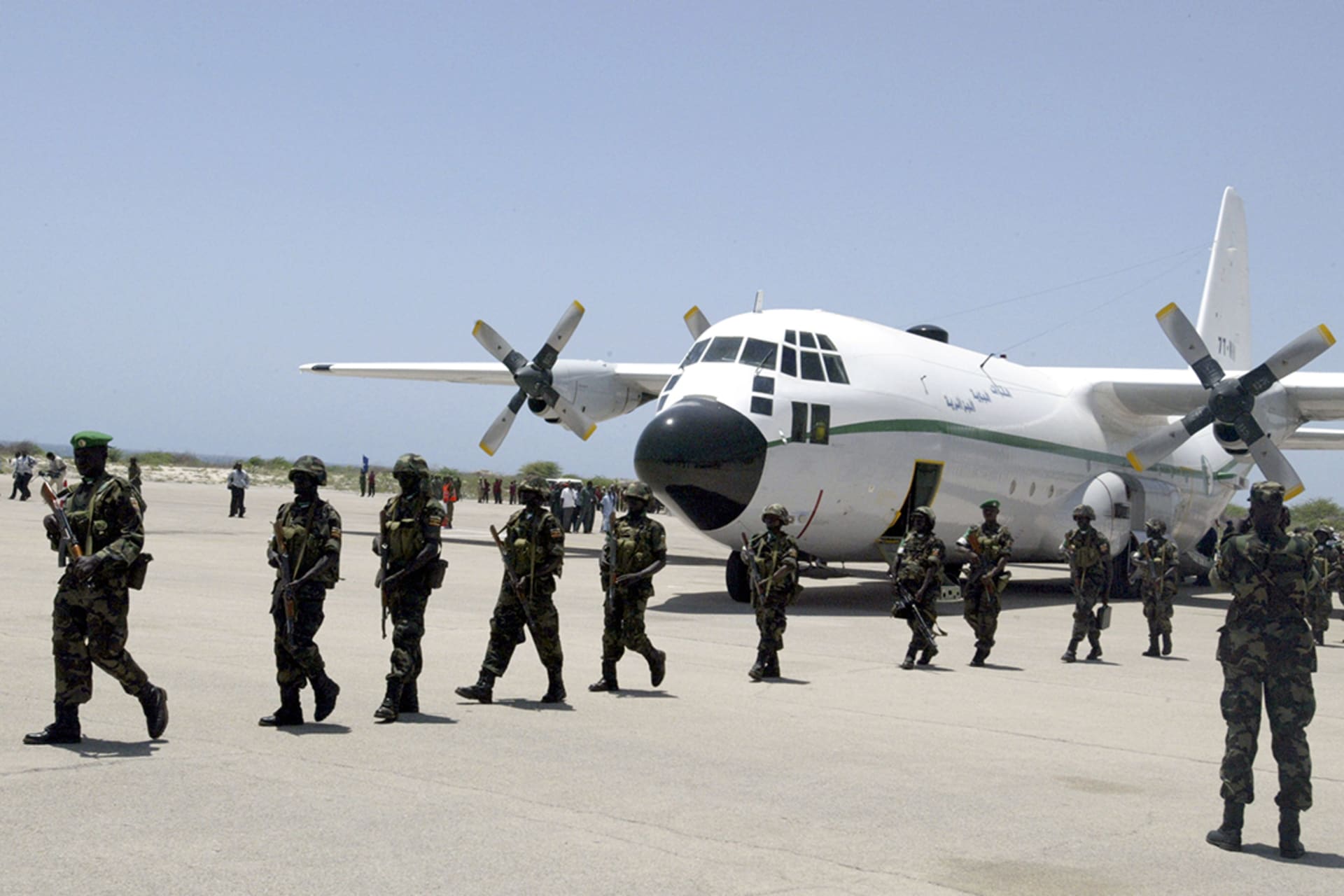 Ugandan soldiers arrive at Aden Adde International Airport in Mogadishu. Shabelle Media/Reuters
