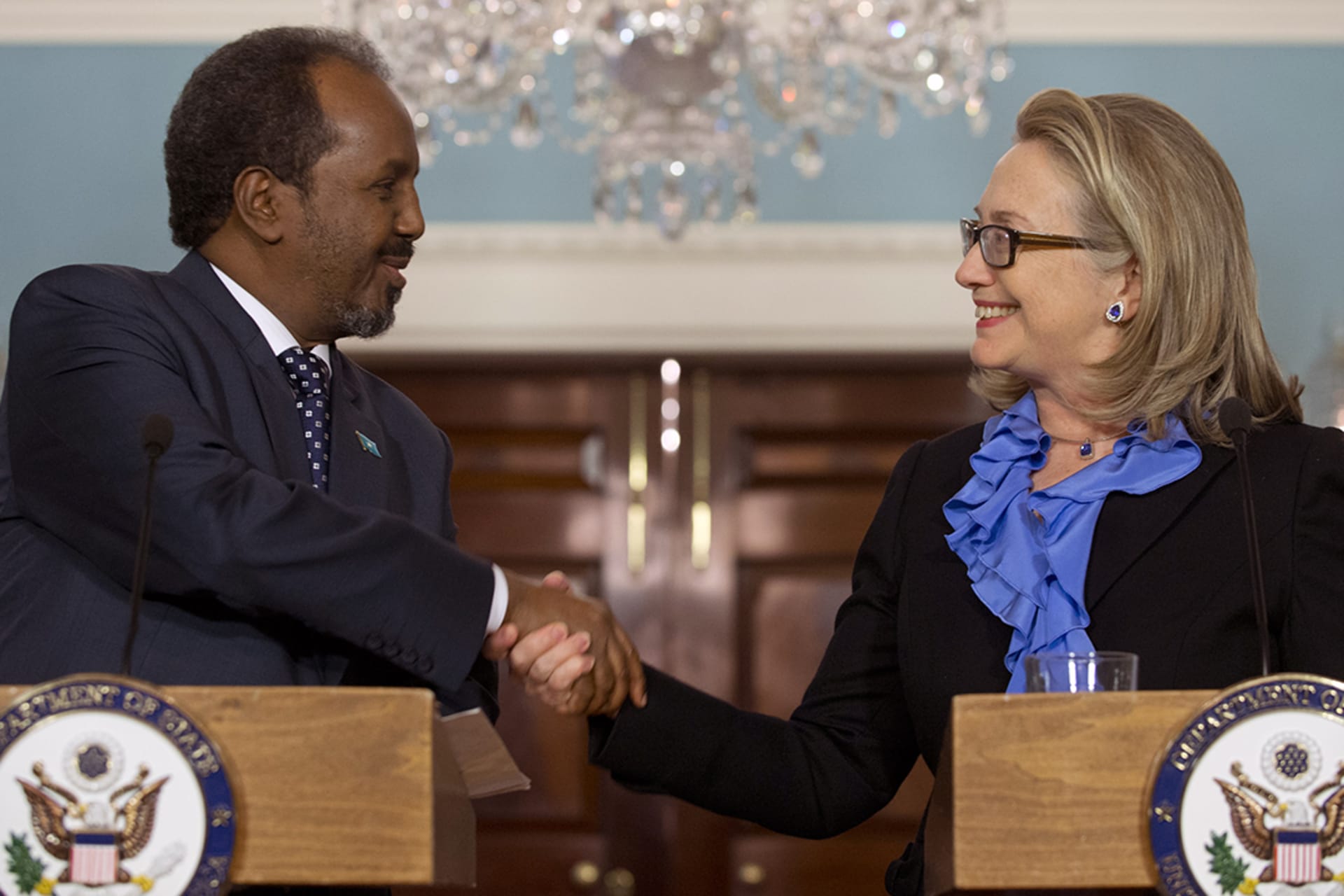 U.S. Secretary of State Hillary Clinton shakes hands with Somali President Hassan Sheikh Mohamud at the State Department. Saul Loeb/AFP/Getty Images
