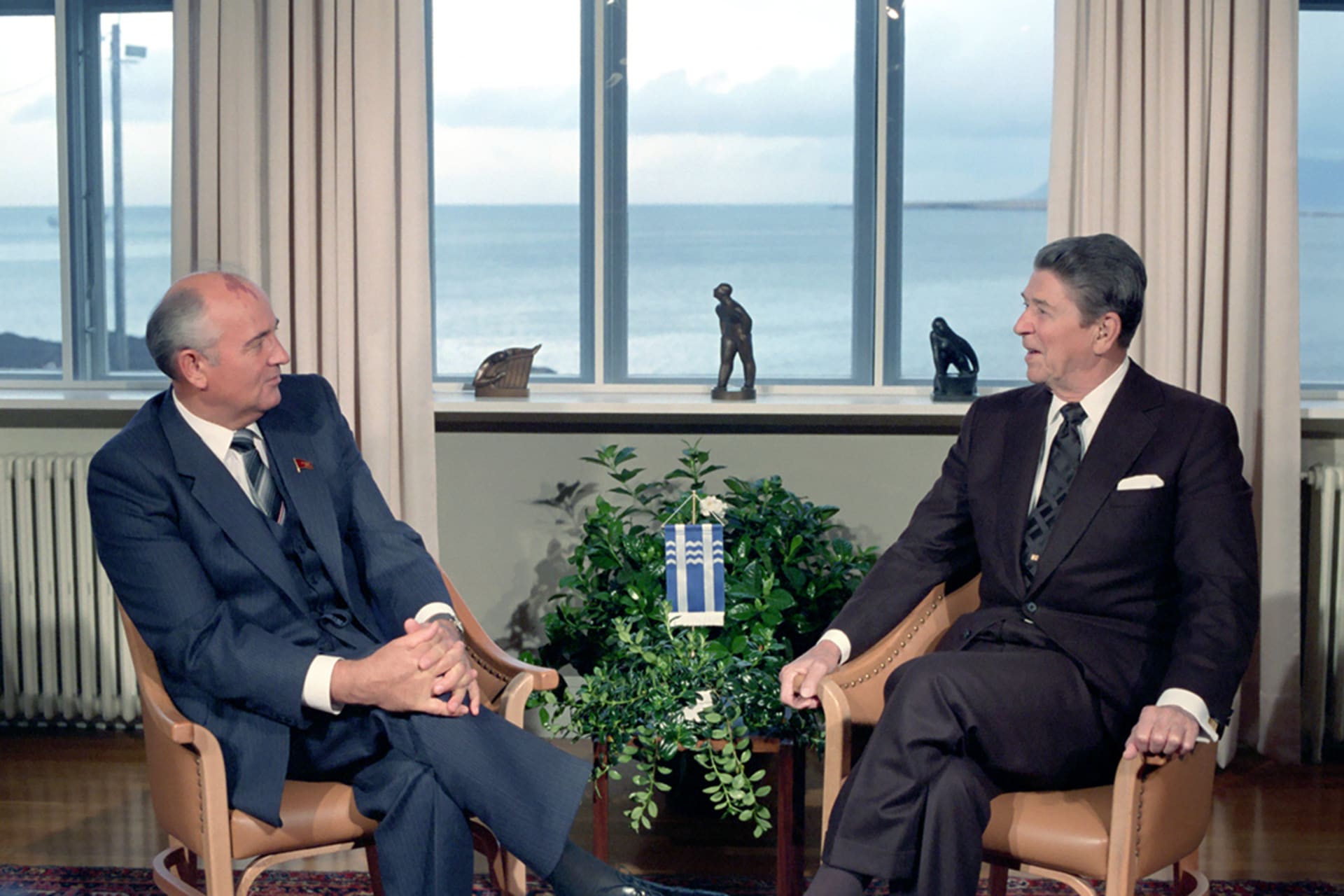 U.S. President Reagan with Soviet General Secretary Gorbachev at Hofdi House during the Reykjavik Summit in Iceland. 
