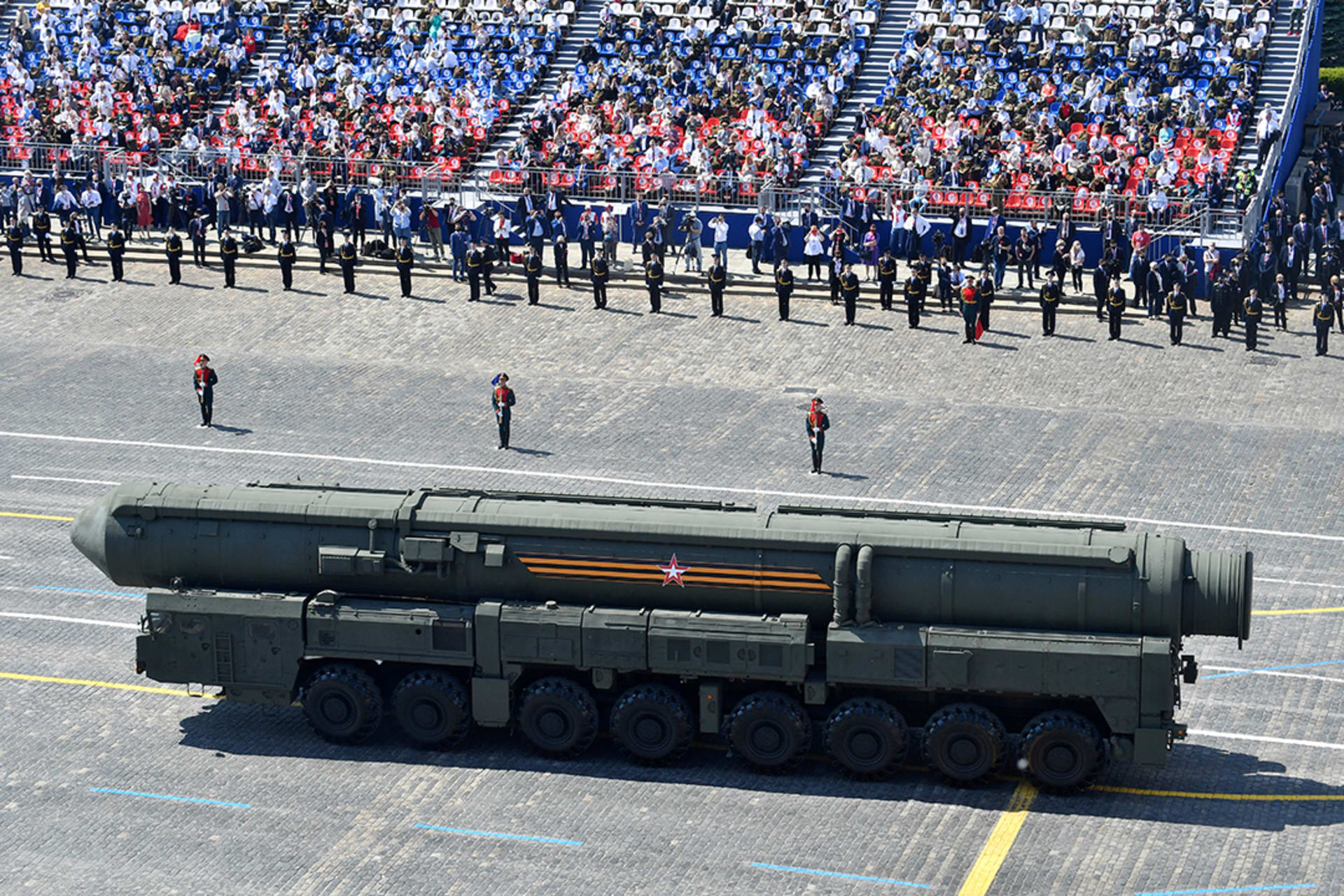 A Russian intercontinental ballistic missile is driven during the Victory Day Parade in Red Square in Moscow, June 2020. 

