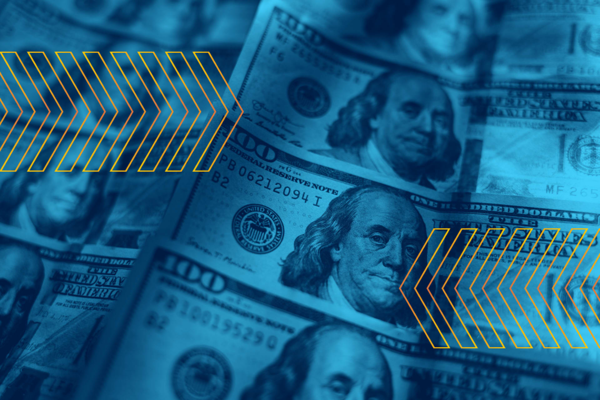 <p>$100 bills featuring Benjamin Franklin lined up.</p>