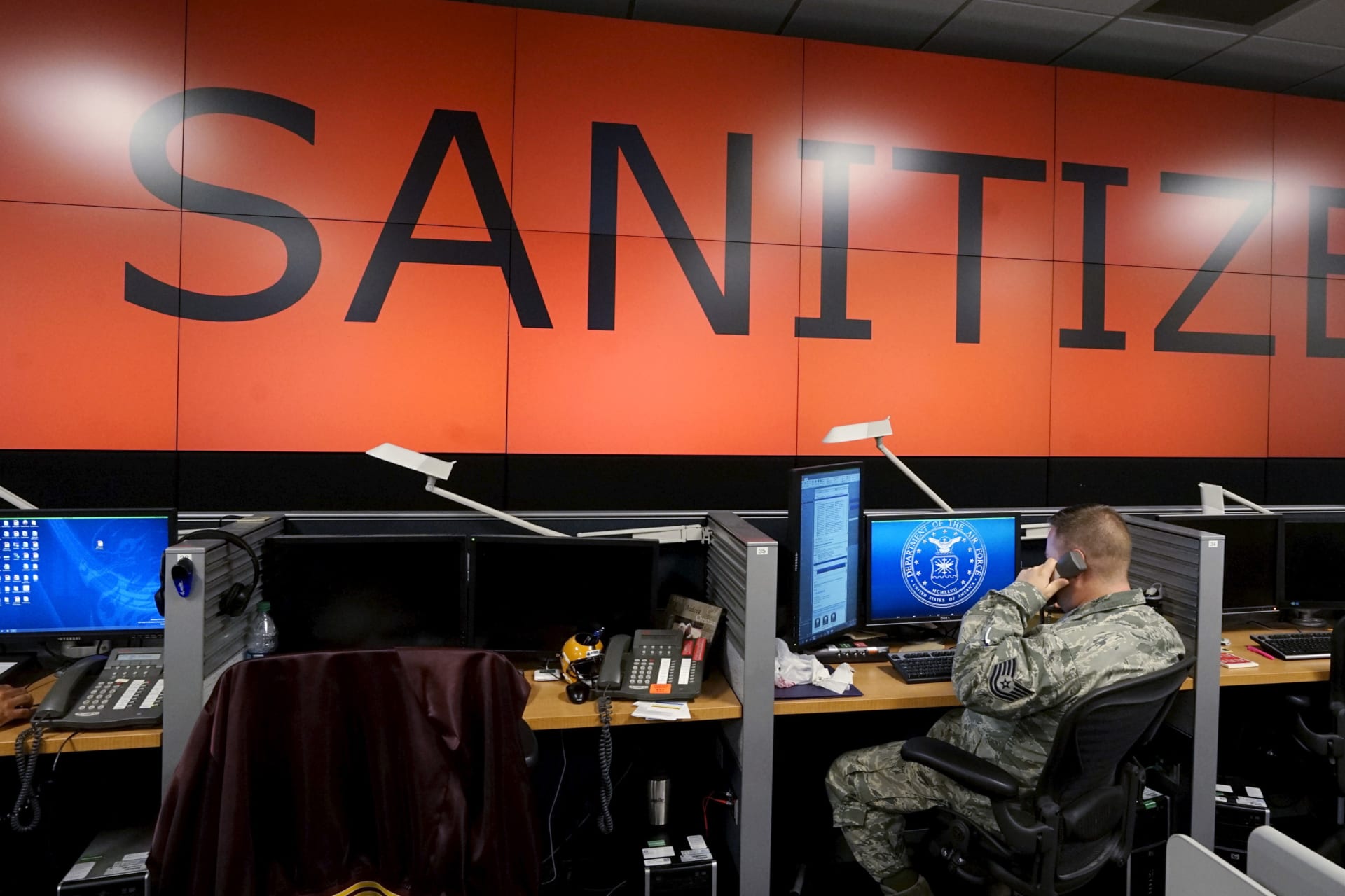 <p>A U.S. Air Force airman works under a data wall with screens blanked during a reporter’s visit at Petersen Air Force Base in Colorado Springs, Colorado.</p>