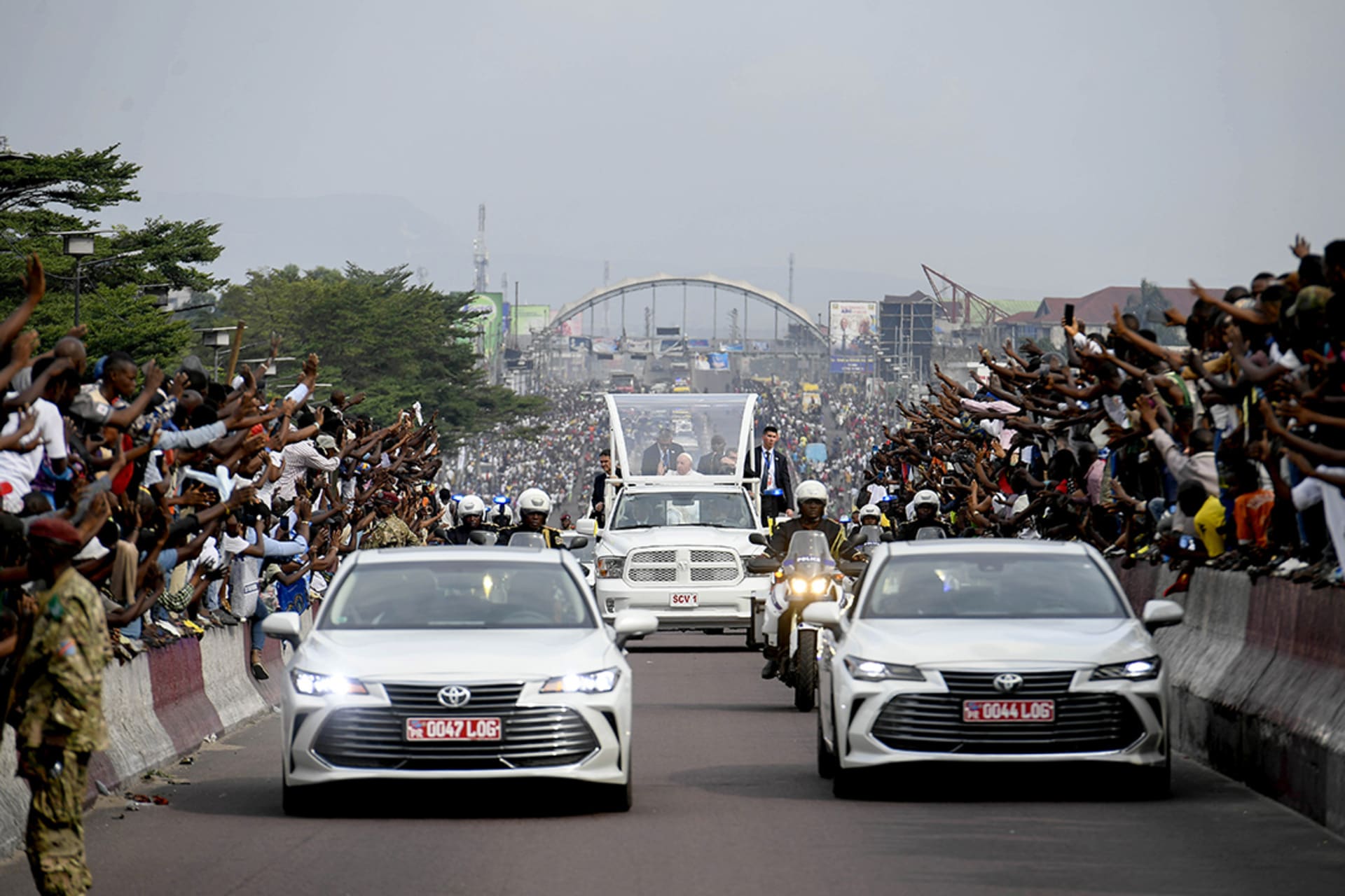 Pope Francis arrives in Kinshasa on January 31, 2023. Vatican Media/Pool/Getty Images