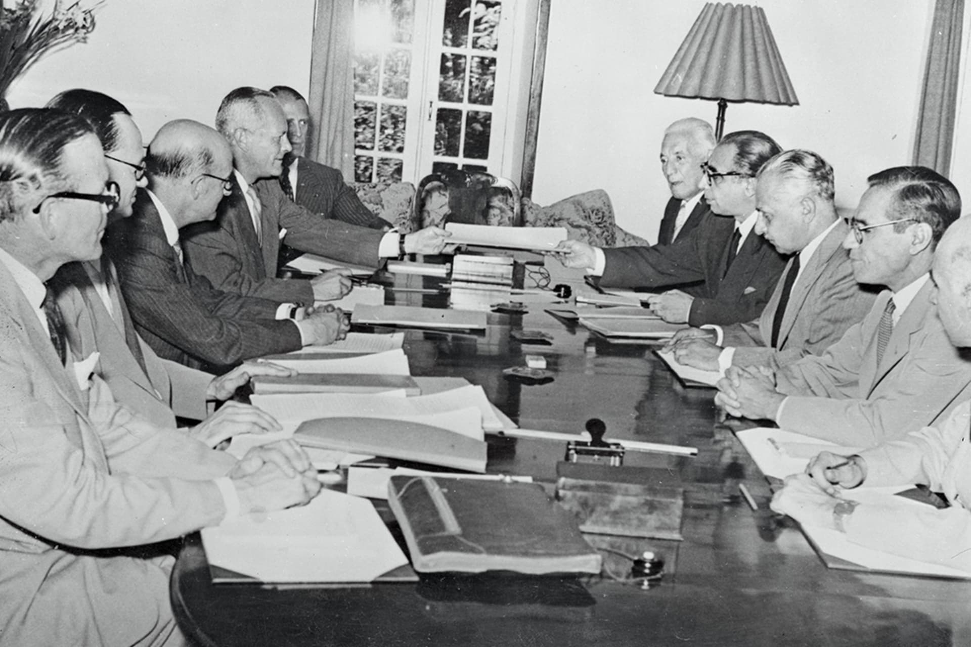 Iranian officials and representatives of eight foreign companies finalize the Consortium Agreement of 1954 

