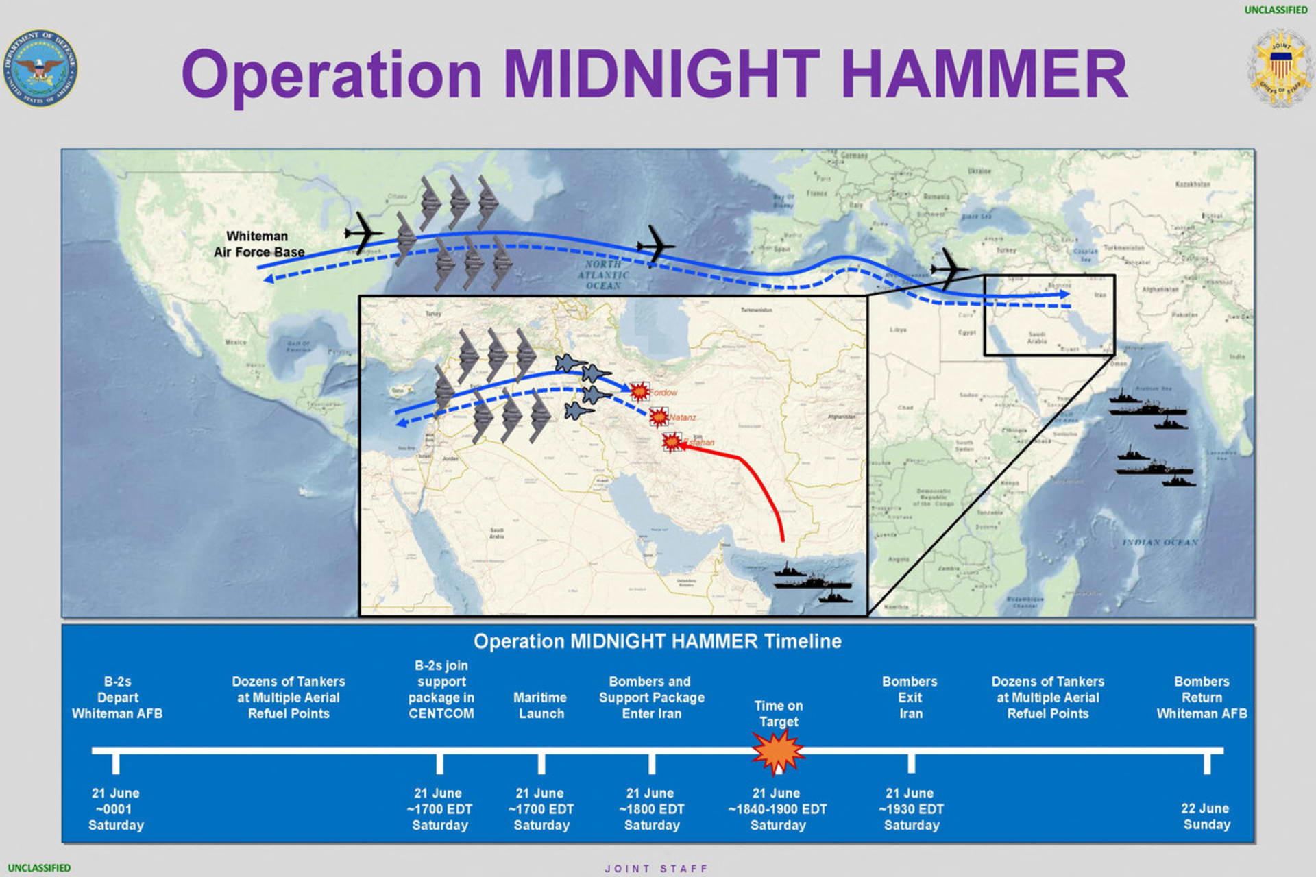 The timeline of “Operation Midnight Hammer,” the U.S. strike on Iran’s nuclear facilities. 

