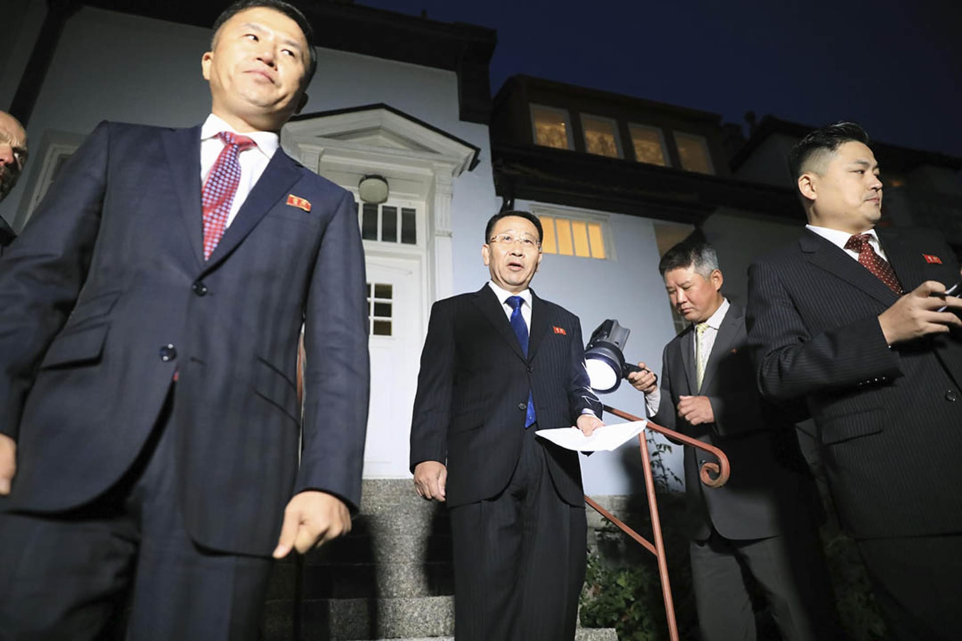 North Korea’s chief nuclear negotiator, Kim Myong-gil, speaks with reporters in Stockholm following working-level talks with U.S. officials. Kyodo/AP Photo