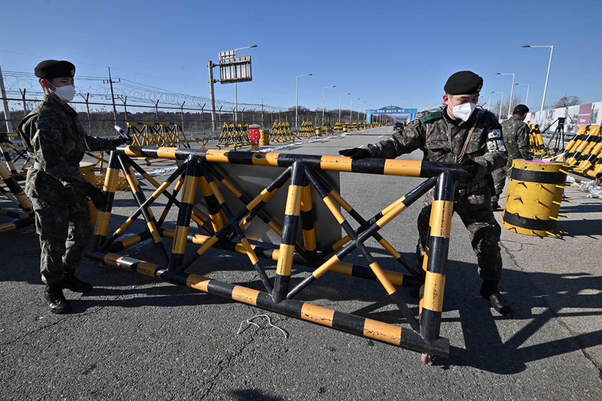 South Korean soldiers set a barricade at a checkpoint near the demilitarized zone. Jung Yeon-je/AFP/Getty Images