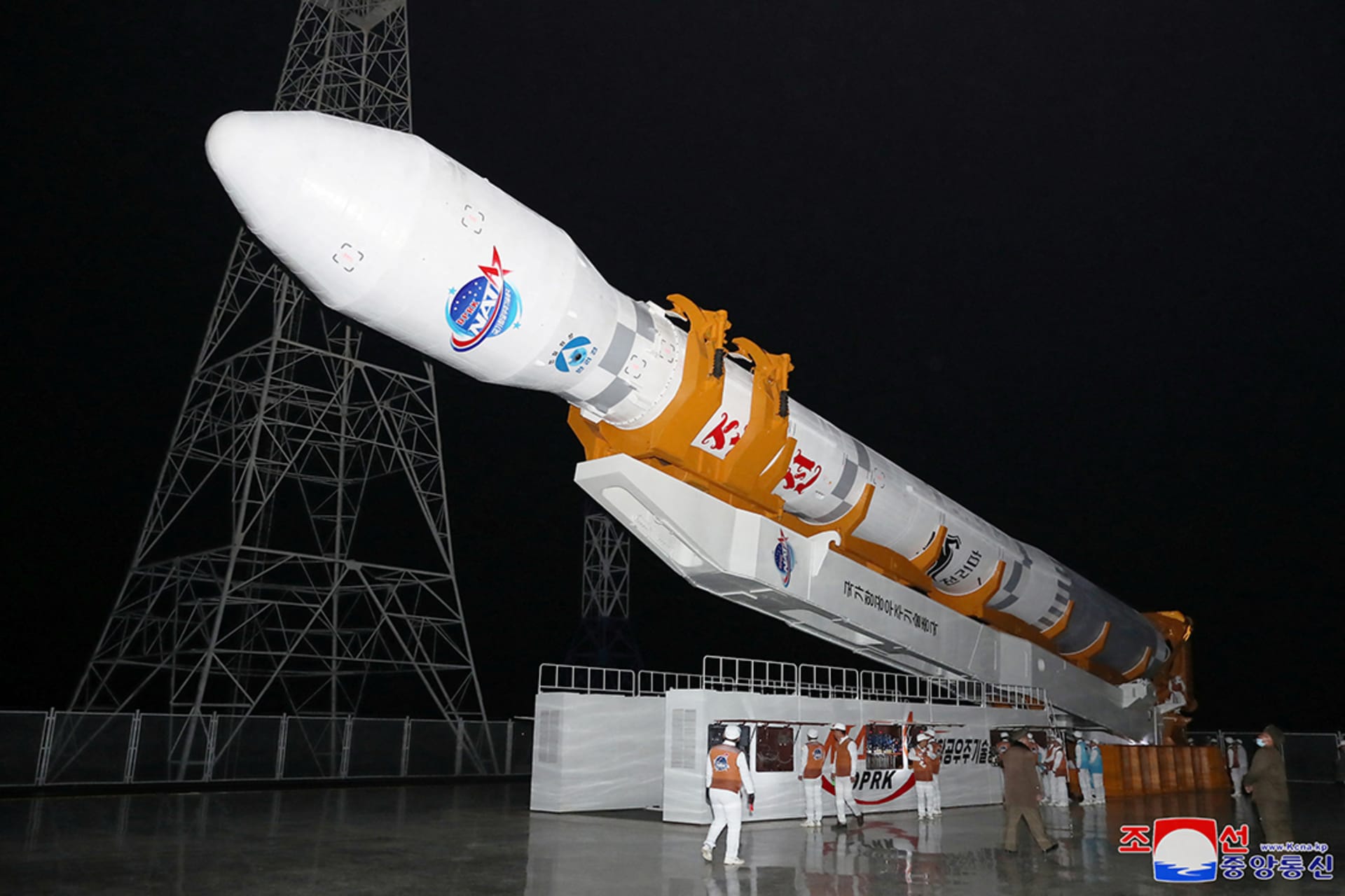 A rocket carrying a spy satellite Malligyong-1 is prepared for launch, according to North Korean government claims, on November 21, 2023. 