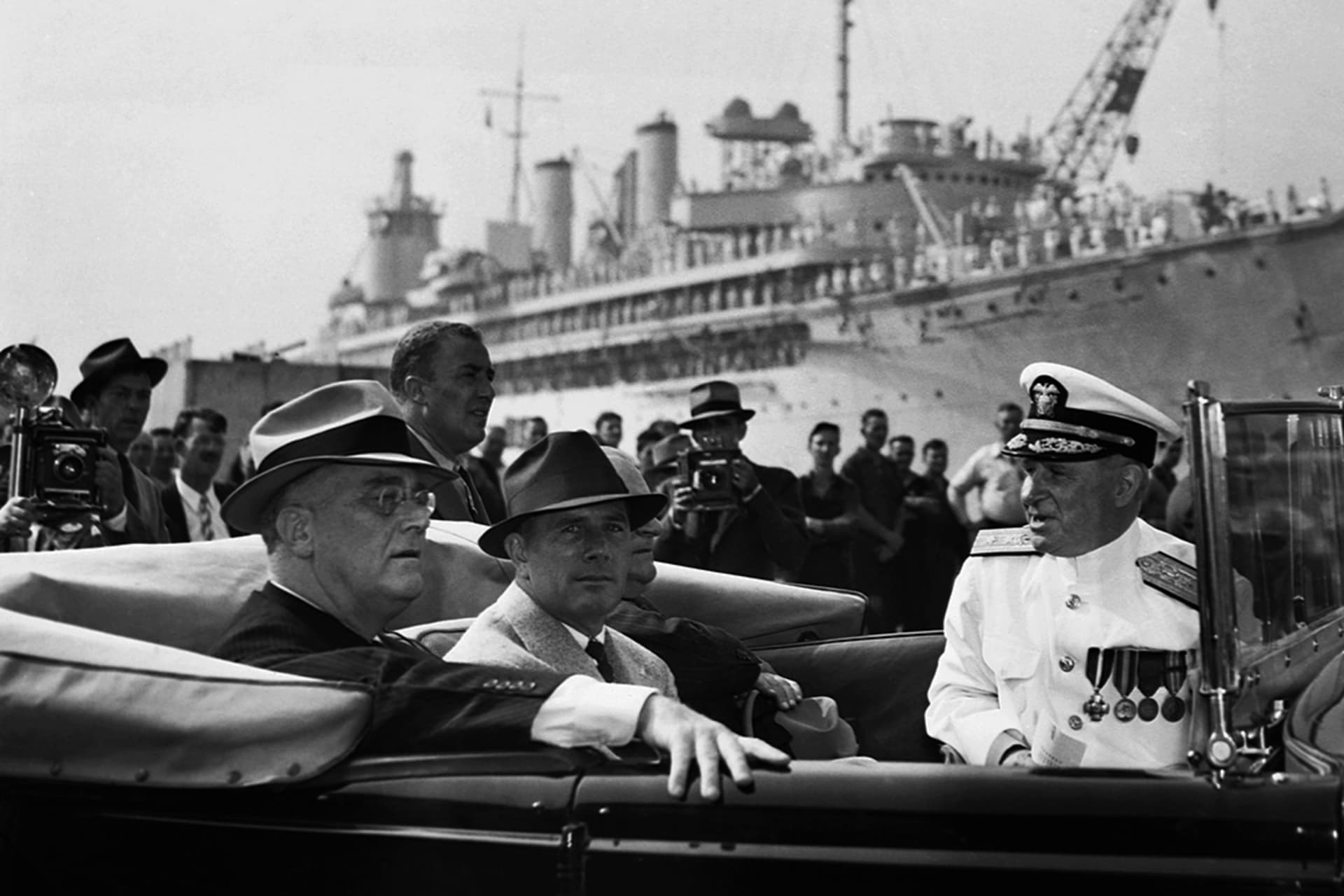 Democratic President Franklin D. Roosevelt and Philadelphia Democratic Party Chairman John B. Kelly tour the Philadelphia Navy Yard in 1940. Bettmann/Corbis/Getty Images