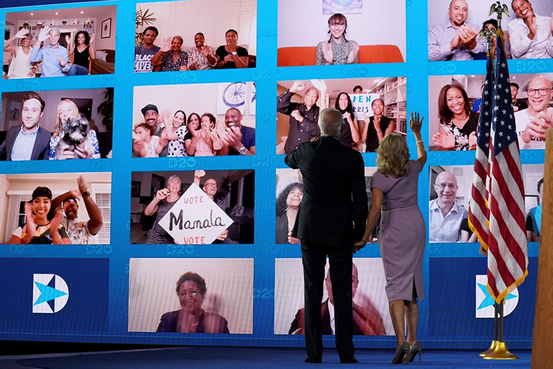 Democratic nominee Joe Biden and his wife Jill Biden greet supporters virtually at a scaled-down convention in Milwaukee, Wisconsin. Kevin Lamarque/Reuters