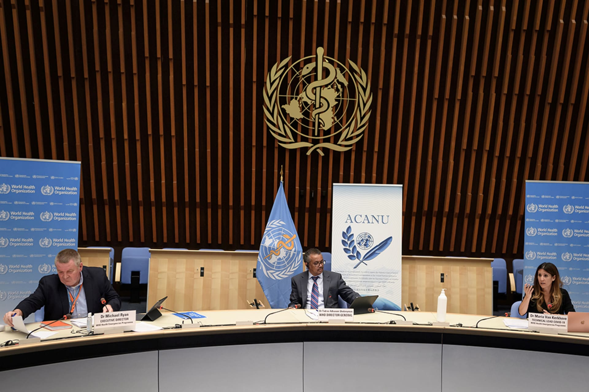 WHO officials, including Director-General Tedros Adhanom Ghebreyesus, attend a news conference at the WHO headquarters in Geneva, Switzerland, in July 2020. Fabrice Coffrini/Pool/Reuters