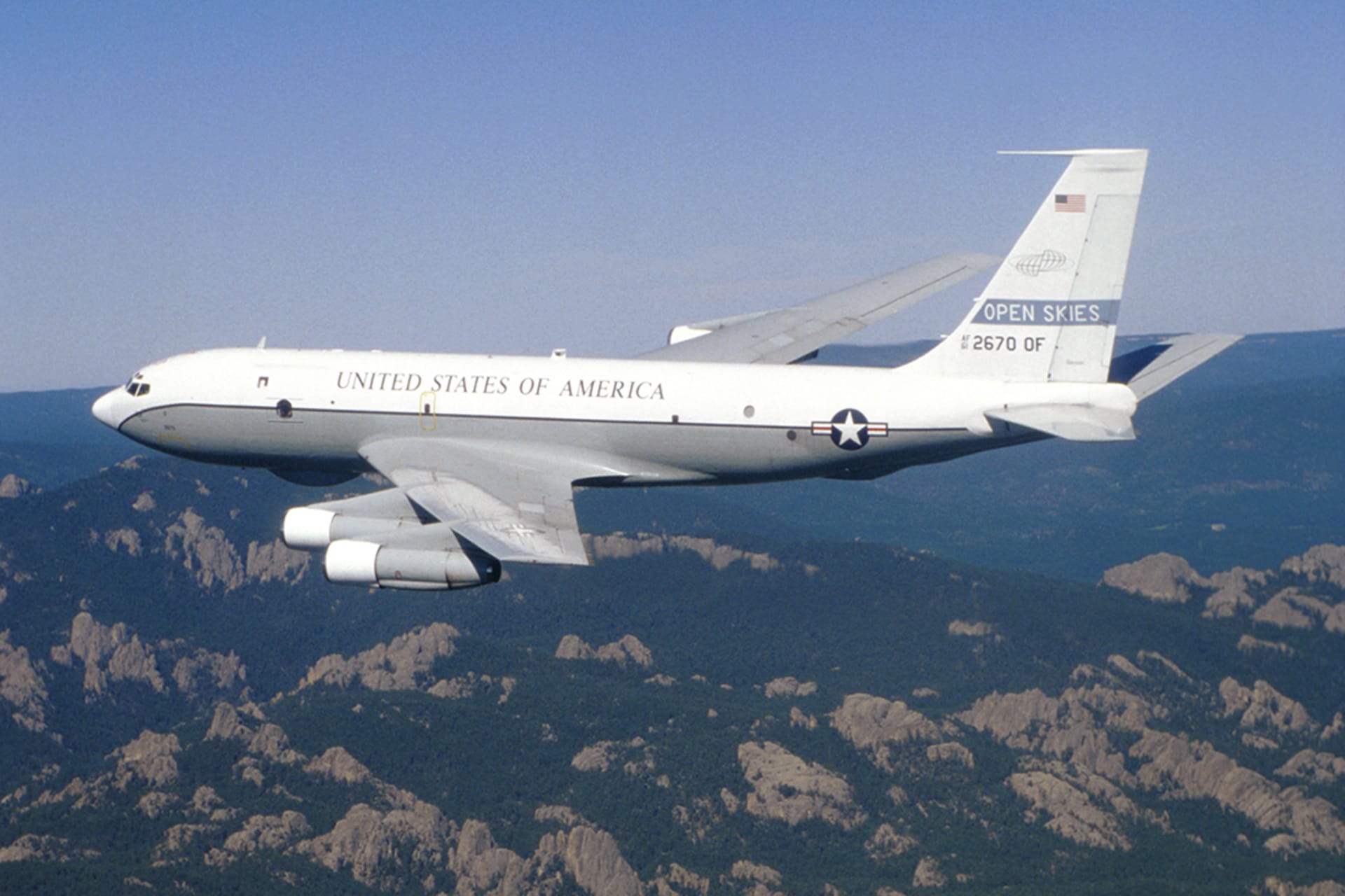 A U.S. aircraft conducts an observation flight as permitted under the Treaty on Open Skies. U.S. Air Force