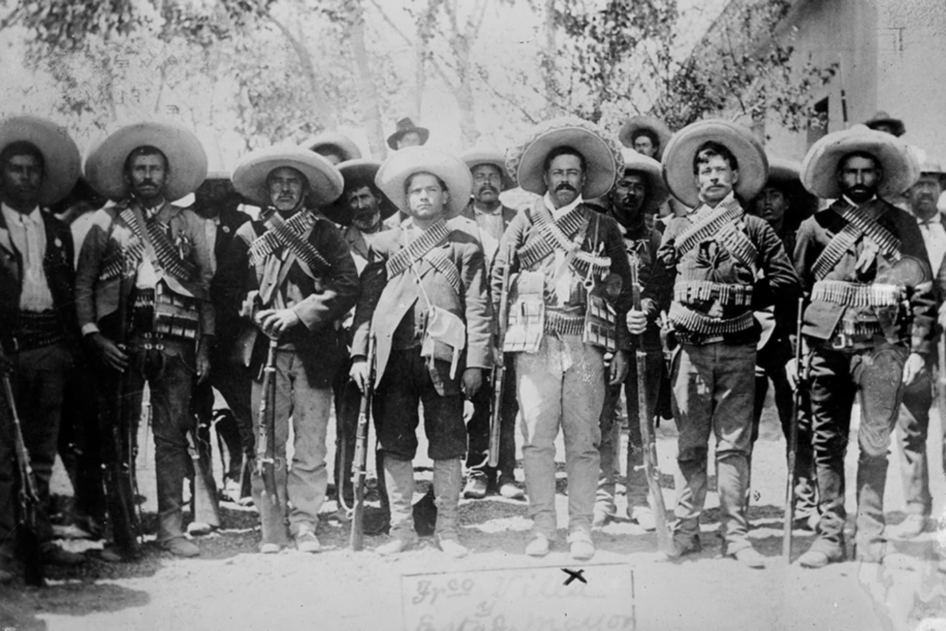 Francisco “Pancho” Villa (center) is seen with several of his men in Hacienda de Bustillos, Chihuahua, Mexico. George Grantham Bain Collection/Library of Congress