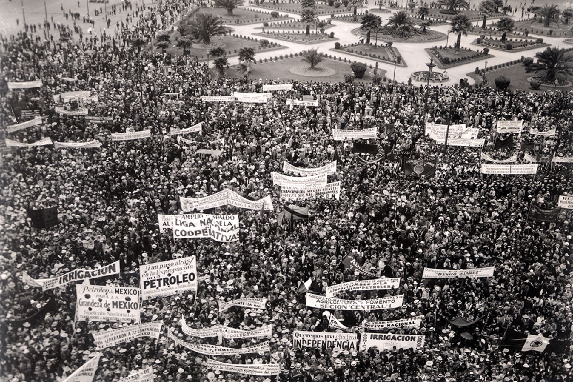 Thousands of Mexicans rally in Mexico City after President Lazaro Cardenas signs an order nationalizing all foreign oil companies that operate in the country on March 18, 1938. Petroleos Mexicanos/MCT/Tribune News Service/Getty Images