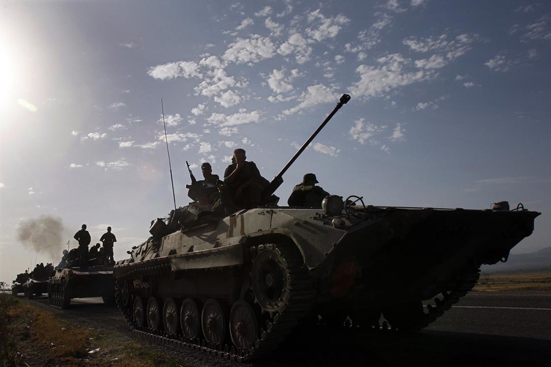 Russian armored vehicles advance outside of Gori, Georgia. 
