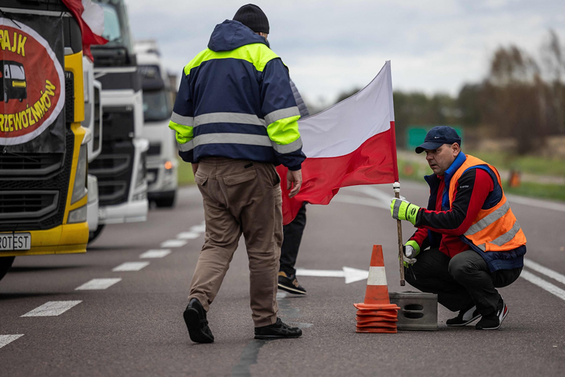 Polish demonstrators block access to a major border crossing between Poland and Ukraine in protest of unfair competition over grain. 
