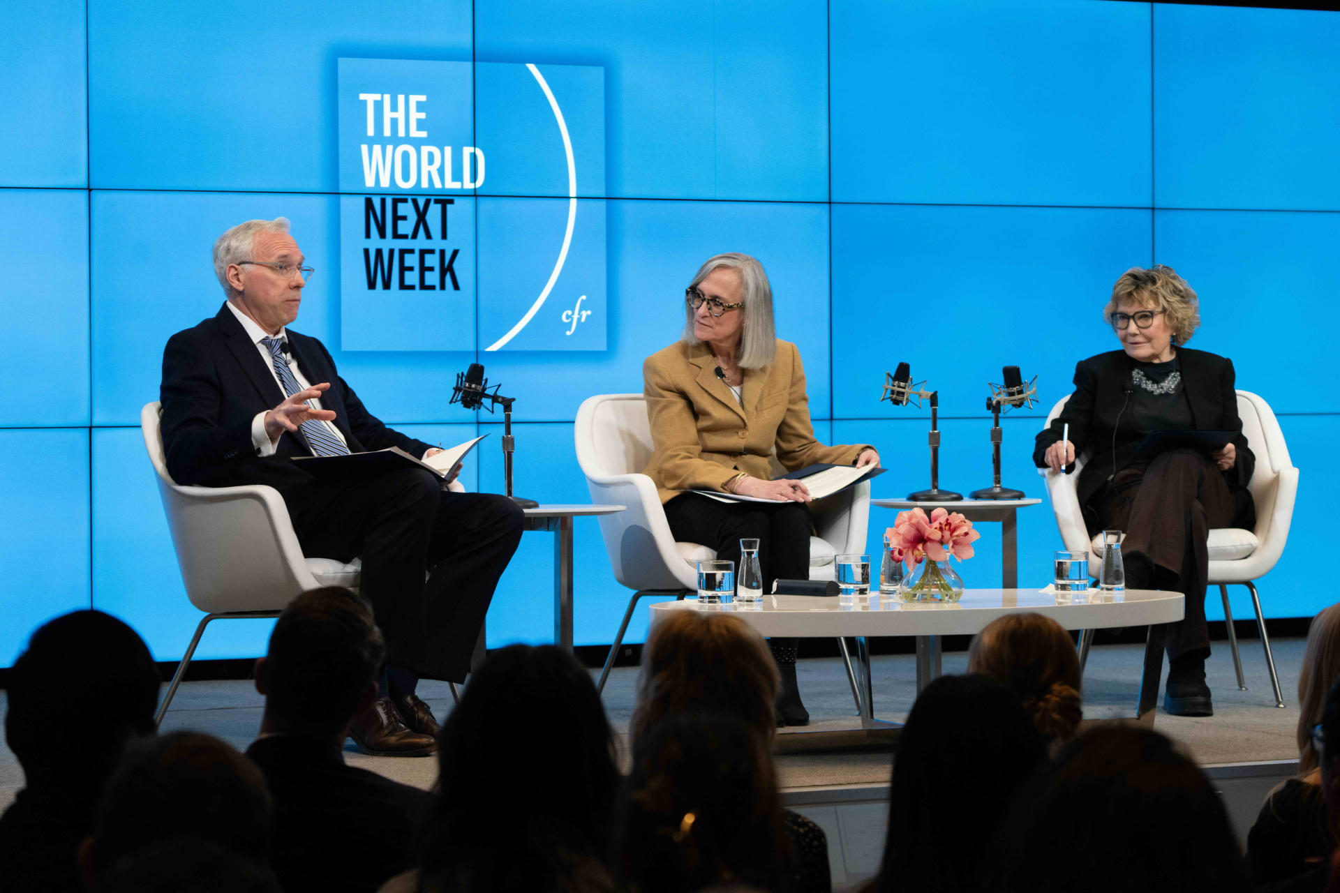 <p>Robert McMahon (left), Carla Anne Robbins (center), and Deborah Amos (right) record a live taping of The World Next Week podcast at the Council on Foreign Relations in New York City on January 21, 2025. </p>