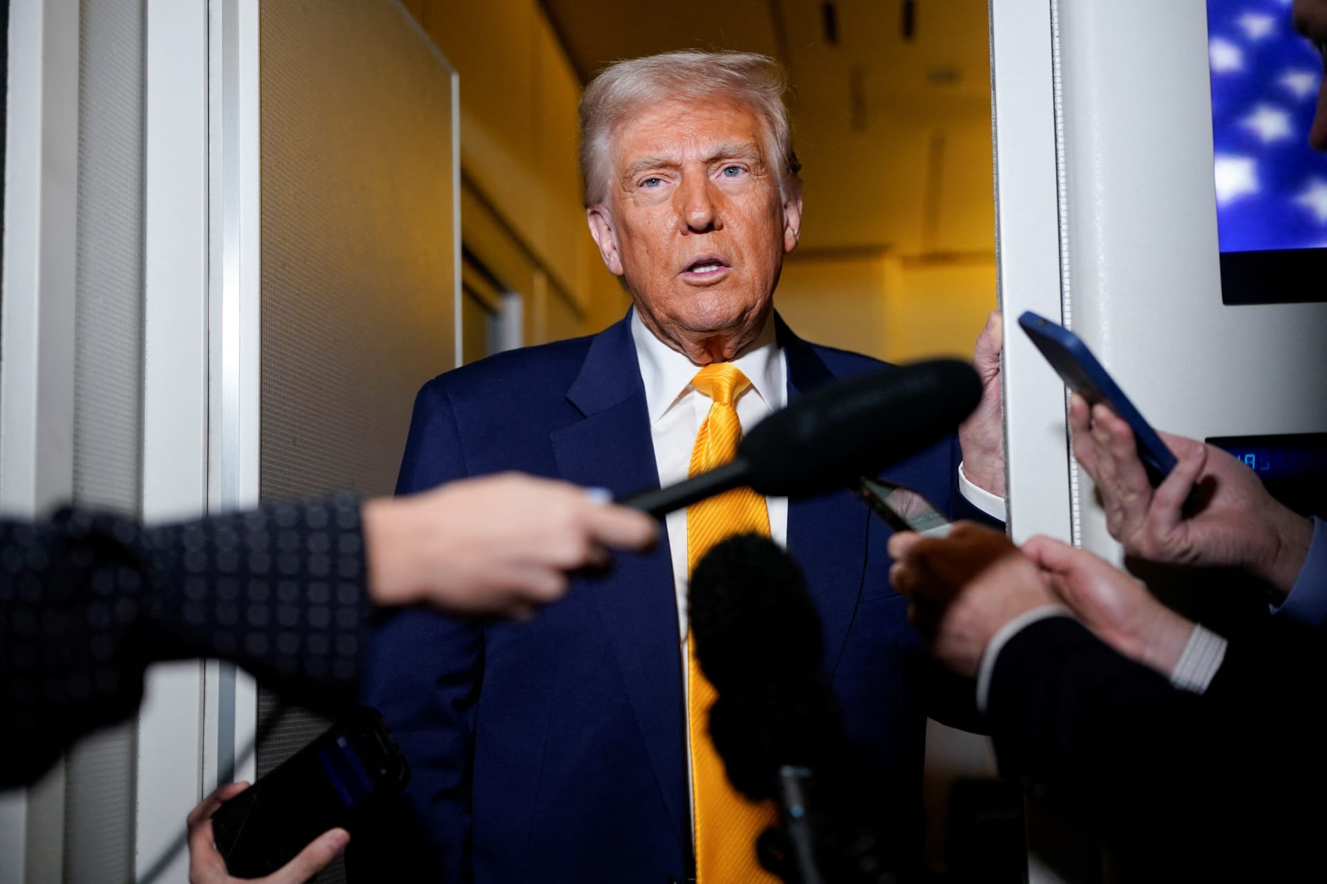 <p>President Donald Trump speaks to the media on board Air Force One on the way to Miami, Florida, April 12, 2025. </p>