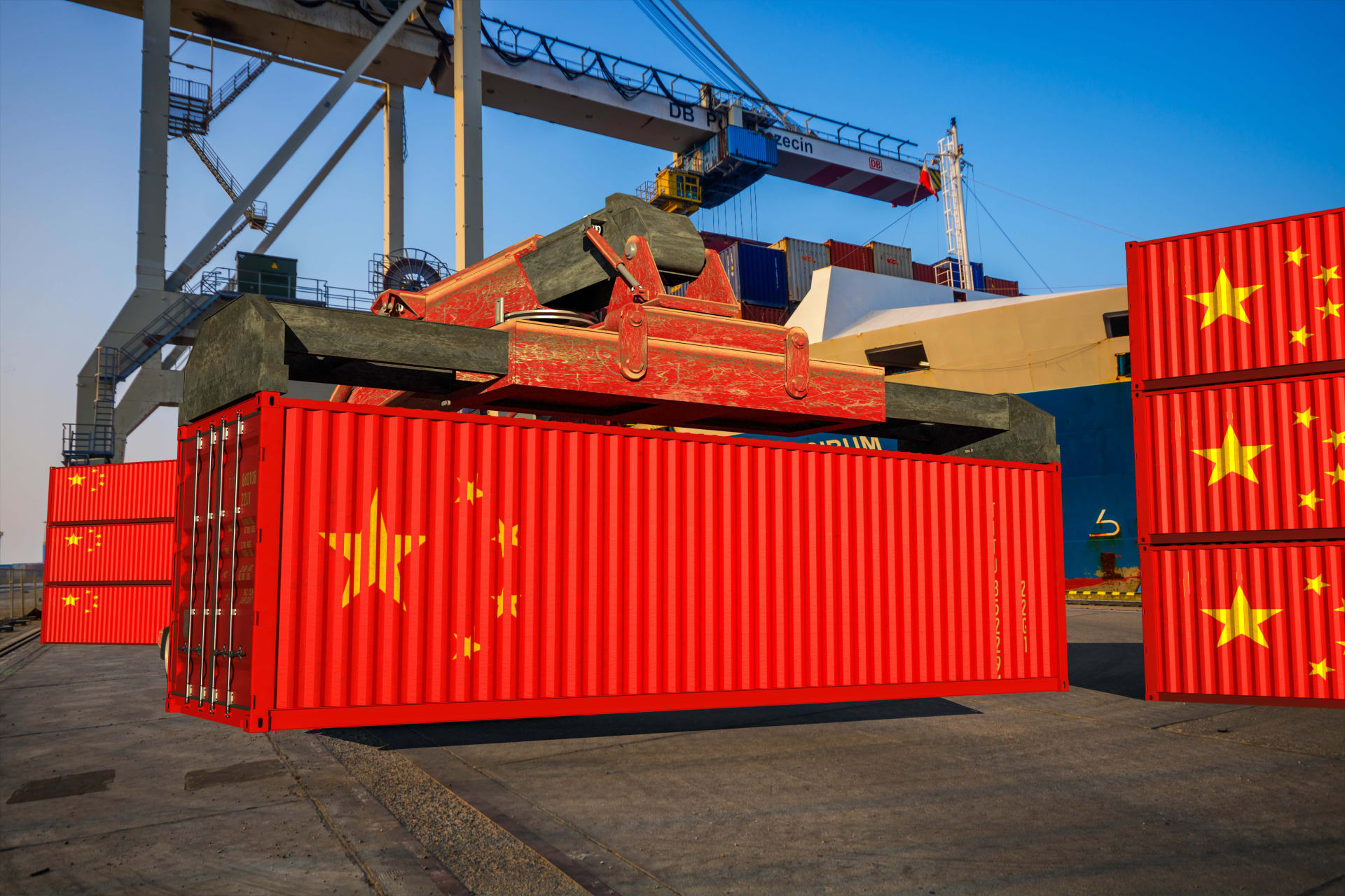 <p>Chinese shipping containers being unloaded at a port.</p>