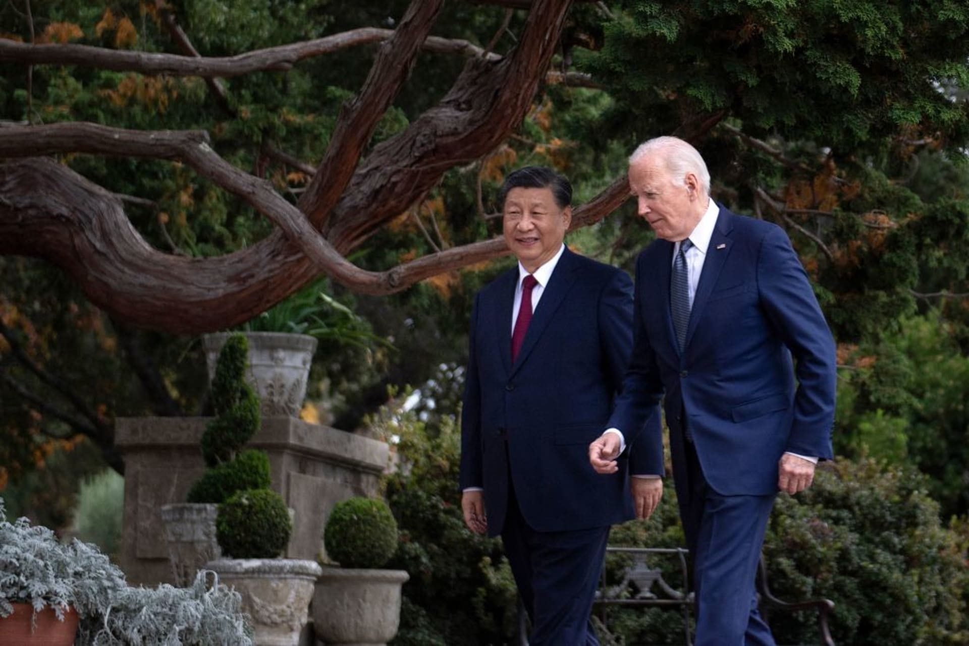 <p>President Joe Biden and President Xi Jinping walk together after a meeting during the Asia-Pacific Economic Cooperation Leaders’ Meeting in Woodside, California, on November 15, 2023. Brendan Smialowski/AFP/Getty Images</p>