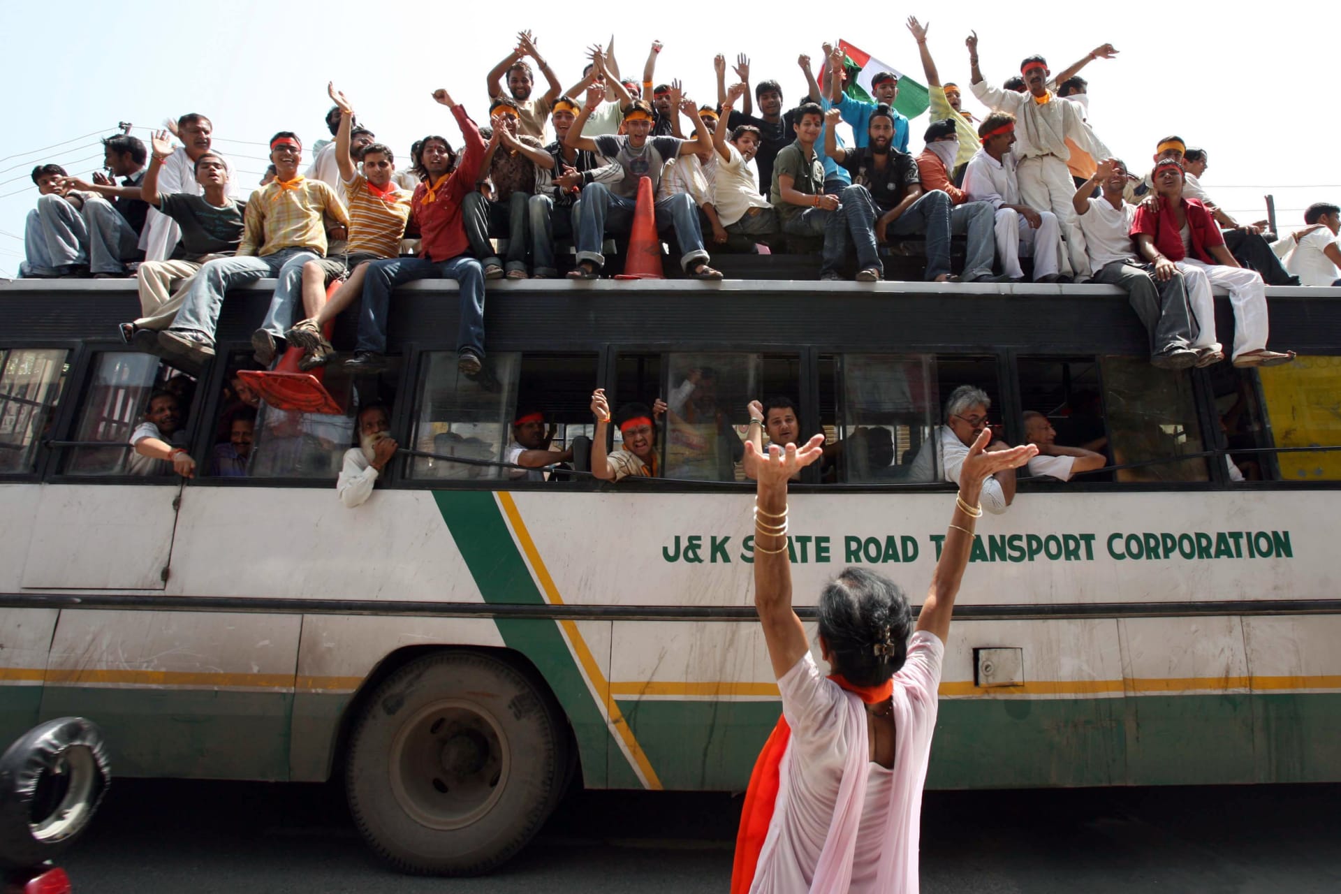 <p>Demonstrators shout during a protest in Jammu and Kashmir.</p>