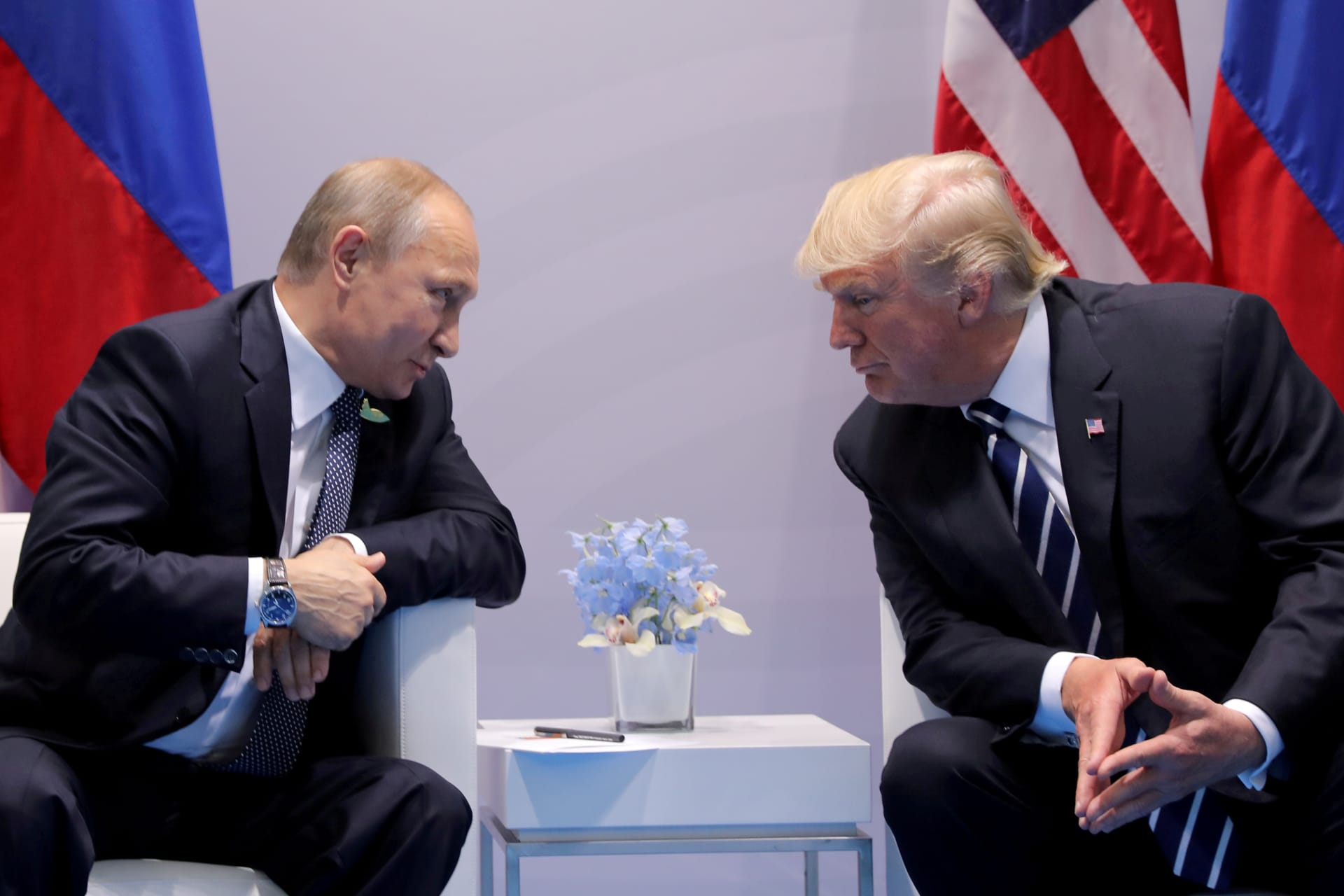 <p>President Trump speaks with Russian President, Vladimir Putin, during their bilateral meeting at the G20 summit in Hamburg, Germany, in 2017.</p>