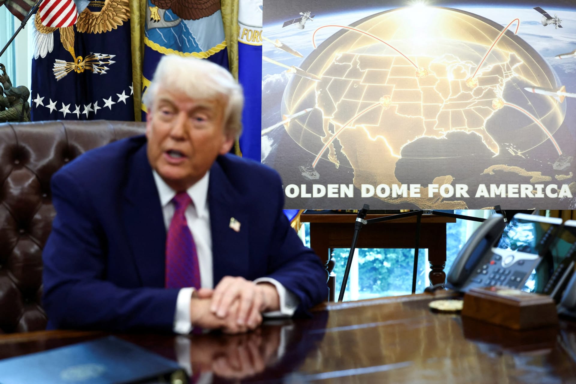 <p>President Donald Trump announces the Golden Dome missile defense shield in the Oval Office, May 20, 2025. </p>
