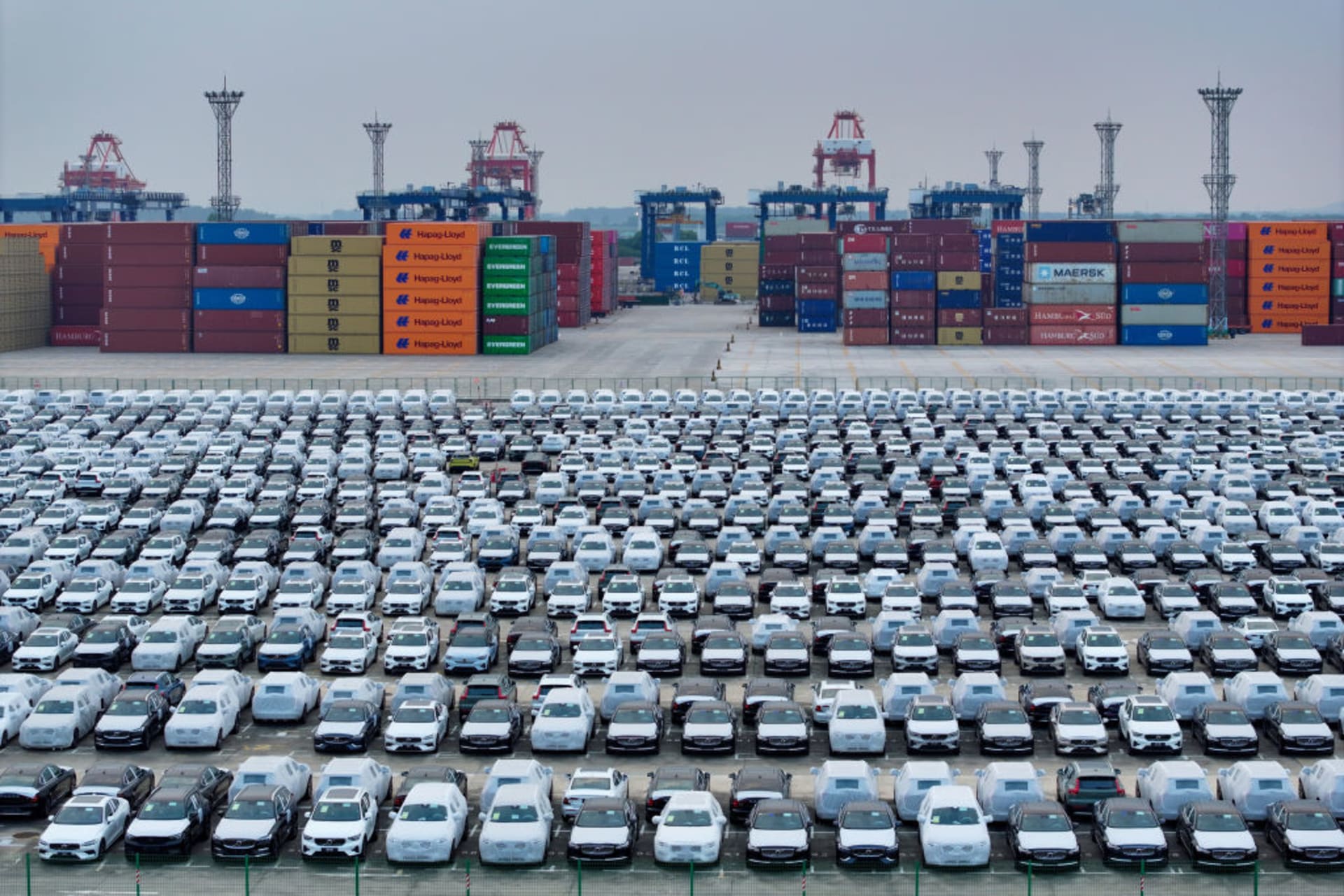 Volvo cars are lining up for export at the Port of Nanjing in Nanjing, China, on August 6, 2024.