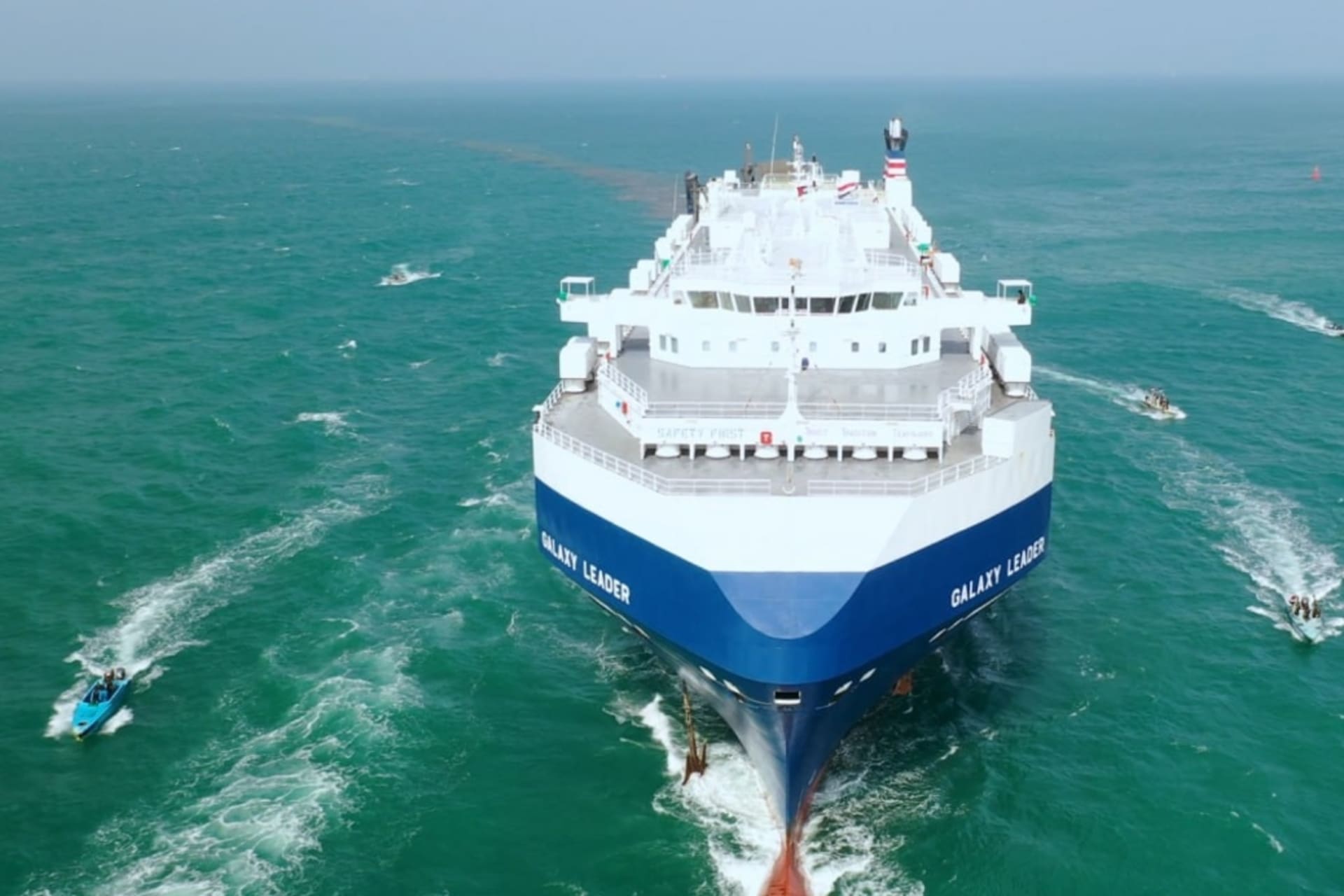<p>The Galaxy Leader, a commercial-vehicle carrier seized by Houthi commandos in the Red Sea, as seen on November 20, 2023, the day after its hijacking.</p>
