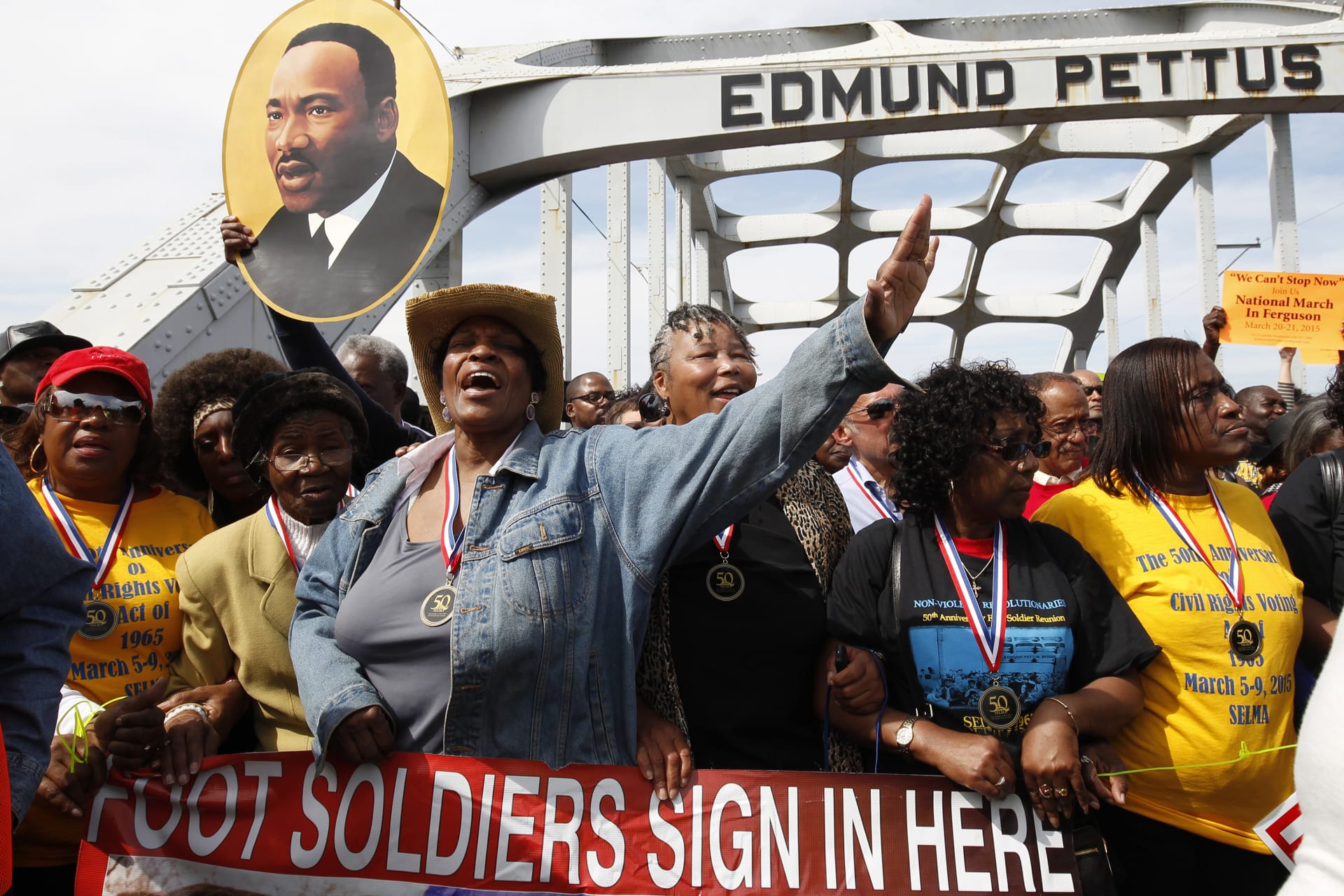 <p>Original “foot soldiers” at the Edmund Pettus Bridge in Selma, Alabama.</p>
