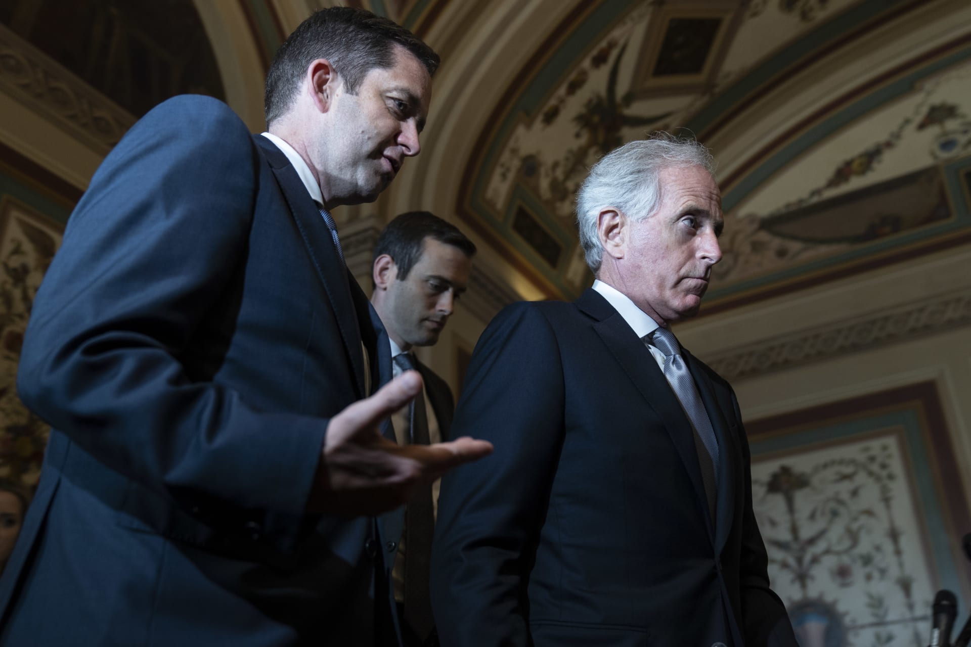 <p>Sen. Bob Corker , Chairman of the Senate Foreign Relations Committee, walks out of a meeting with Canadian Foreign Minister Chrystia Freeland in the US Capitol on June 13, 2018 in Washington, DC</p>