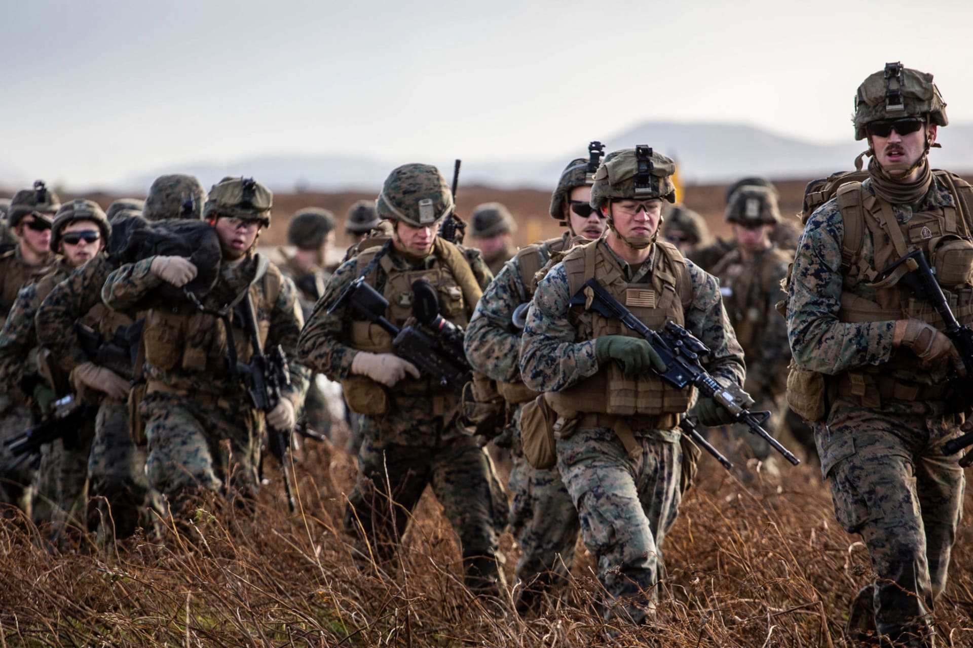 <p>U.S. Marines head inland after landing near Keflavik, Iceland on October 17, 2018. This insertion marks the initial phase of Exercise Trident Juncture 2018.</p>
