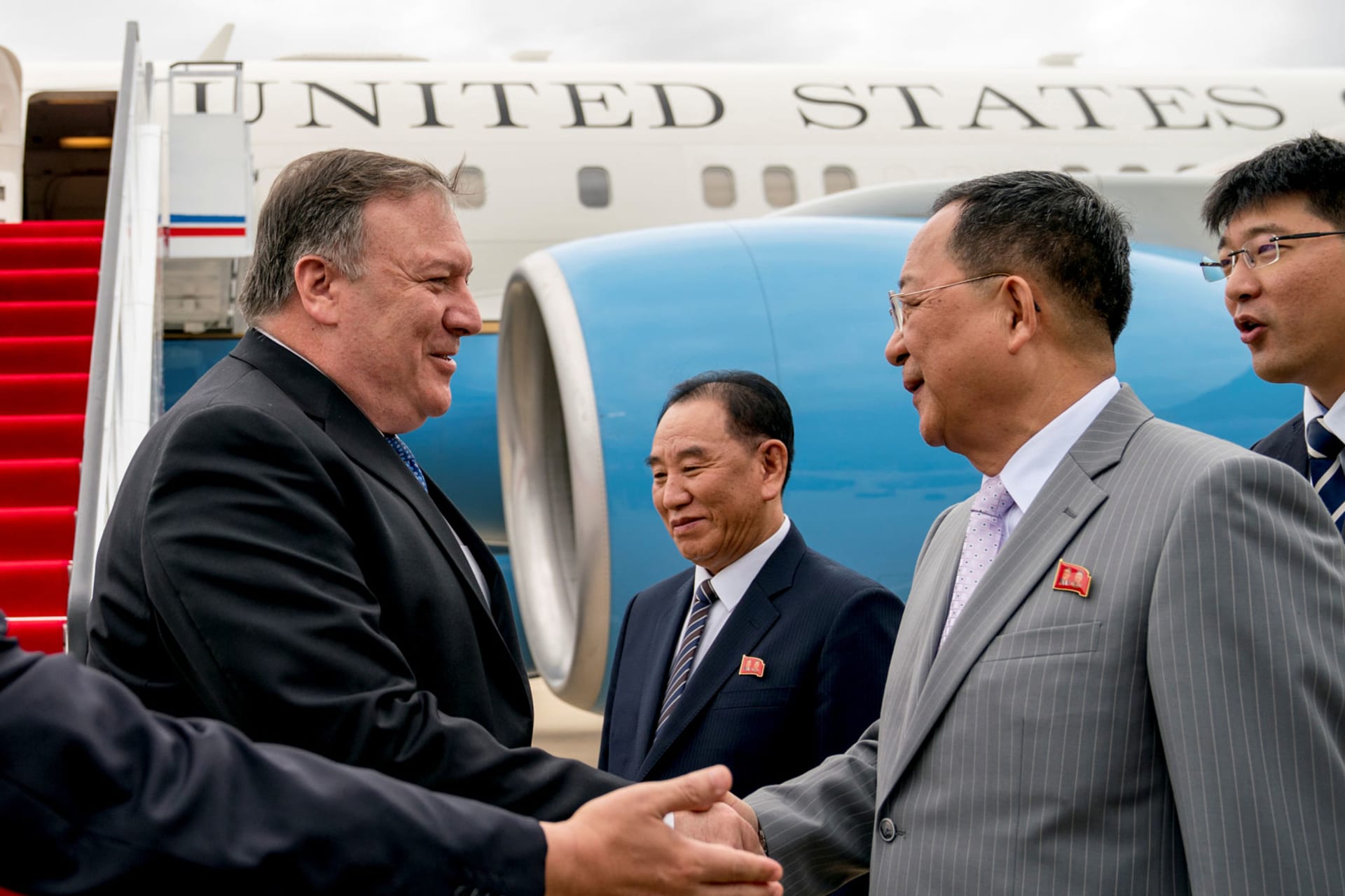 <p>U.S. Secretary of State Mike Pompeo shakes hands with North Korean Foreign Minister Ri Yong Ho as he arrives in Pyongyang on July 6. </p>
