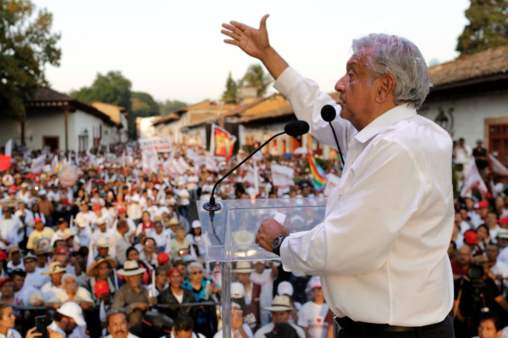 <p>Mexican presidential candidate Andres Manuel Lopez Obrador addressing supporters during a campaign rally in Mexico.</p>
