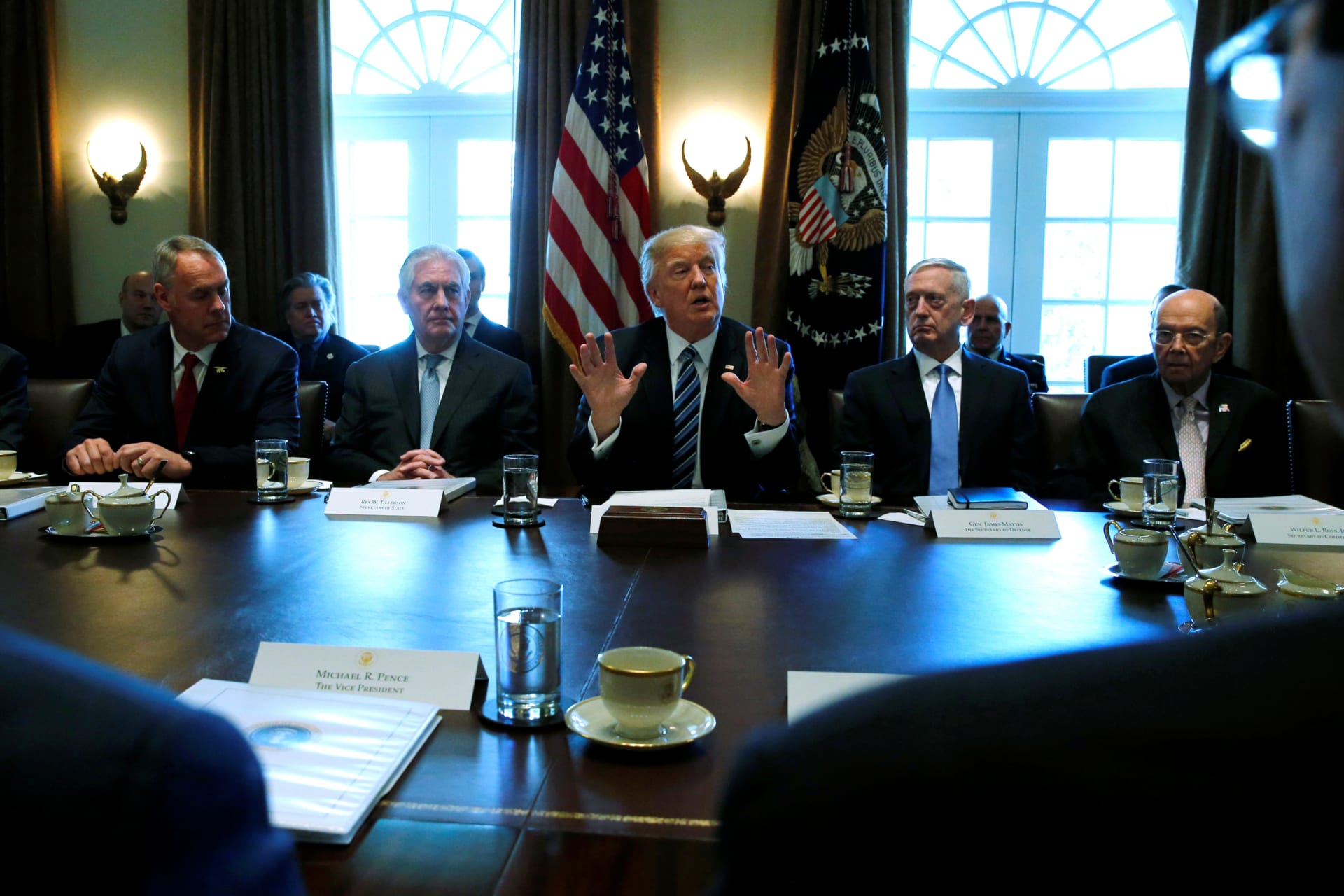 <p>U.S. President Donald J. Trump (C) holds a cabinet meeting at the White House on March 13, 2017.</p>
