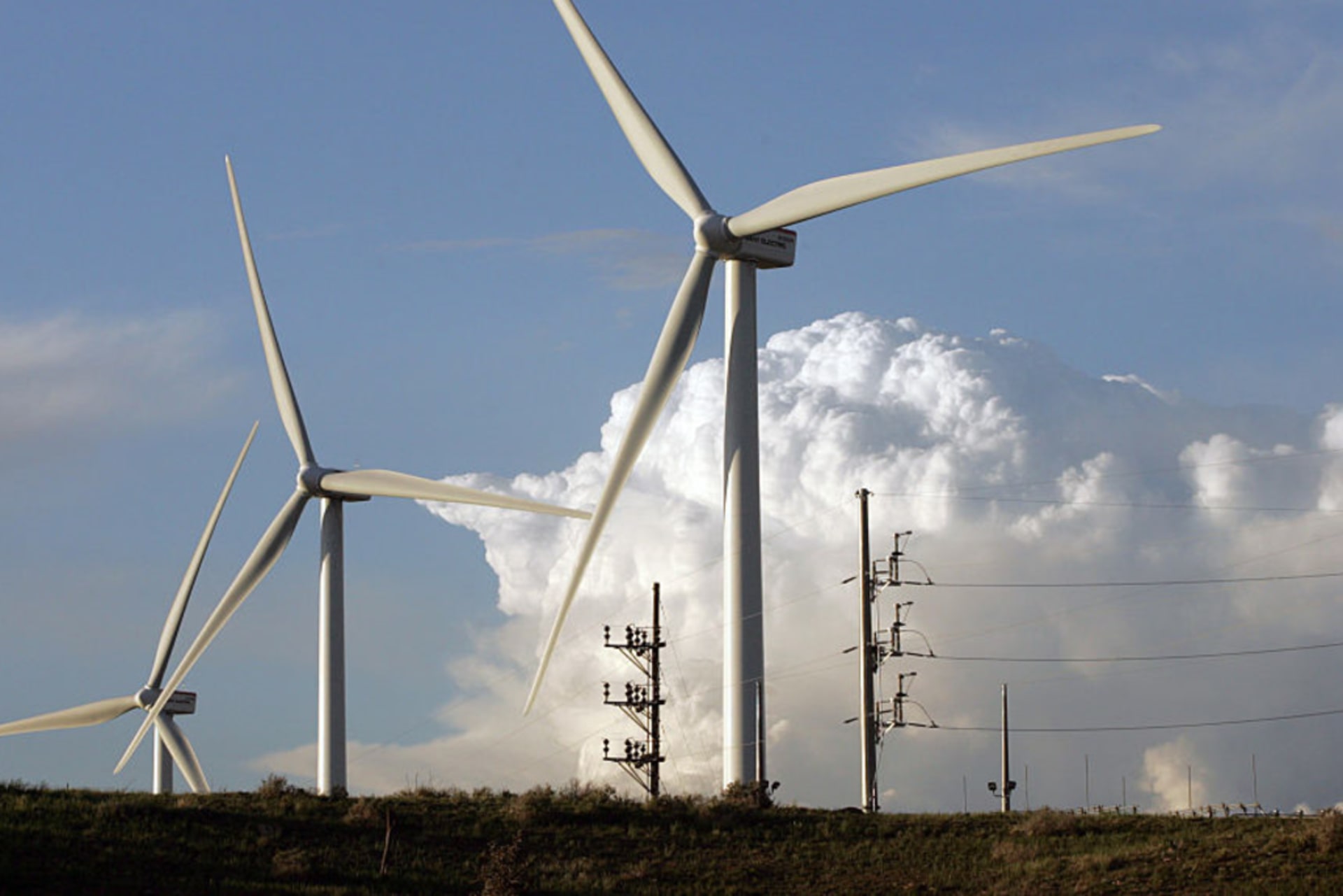 <p>A installation of four wind generators operate alongside Interstate 25 ten miles south of Pueblo, Colorado.</p>